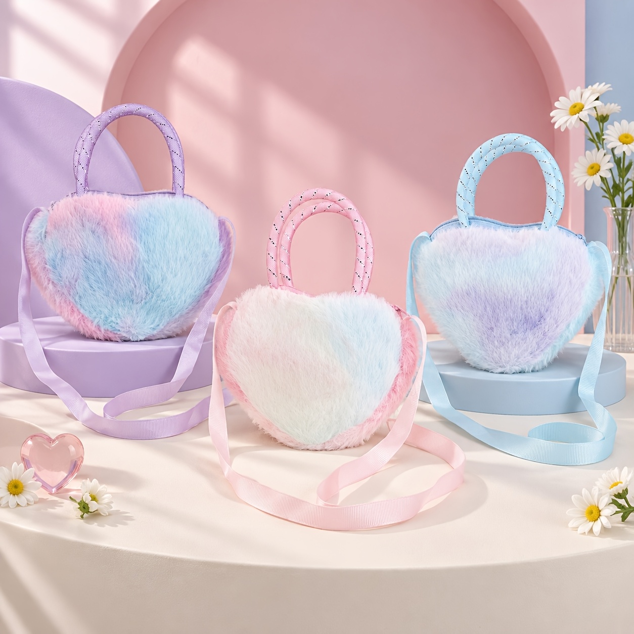 TEMU Set da 3 pezzi: Borsa a e portafoglio piccolo in peluche a forma di cuore sfumato, Borsa tote in peluche , Borsa a spalla singola soffice