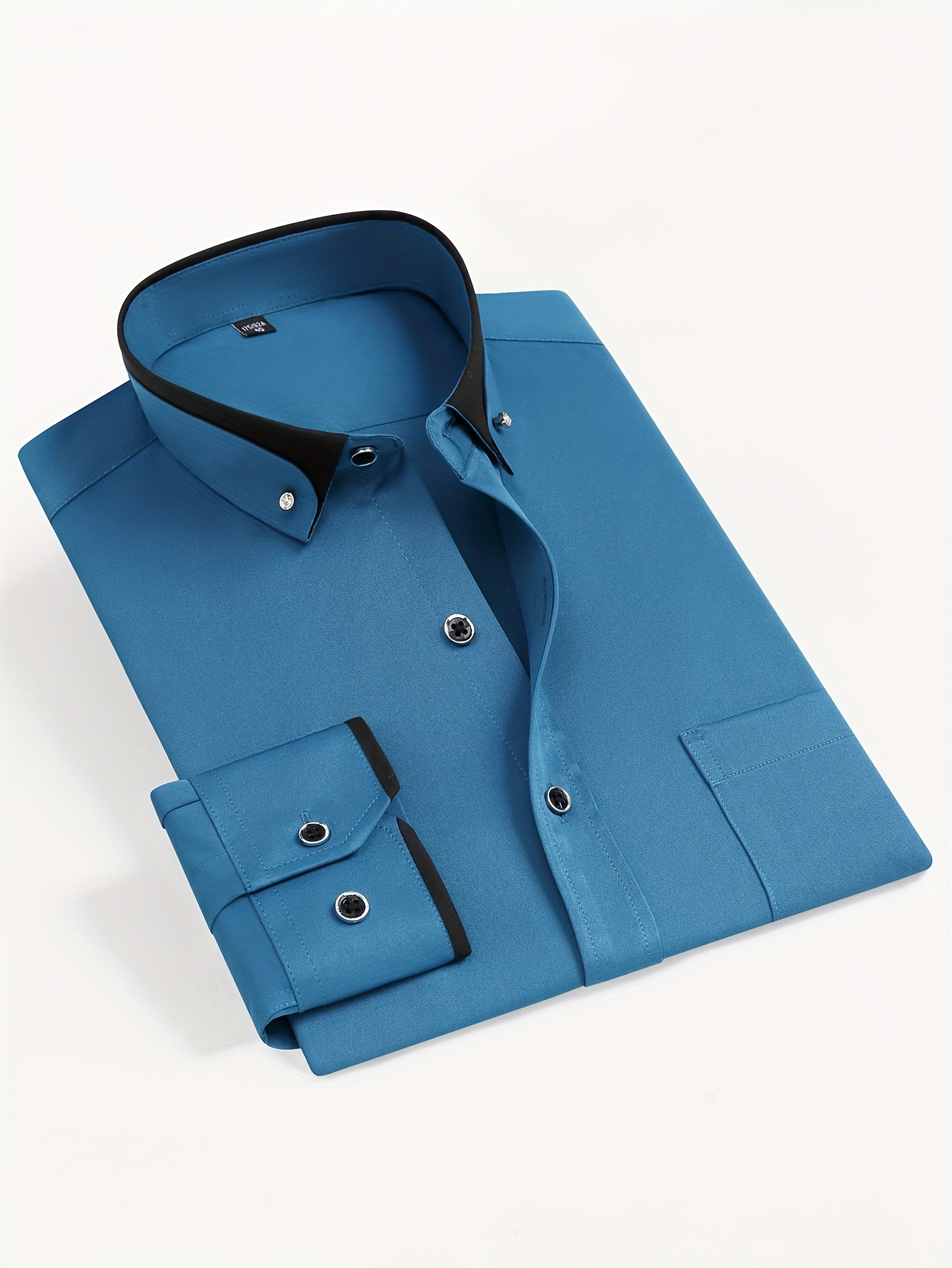 mens color block collar long sleeve dress shirt with crystal buttons lapel collar fashionable business casual cardigan wrinkle free stretch shirt with pockets