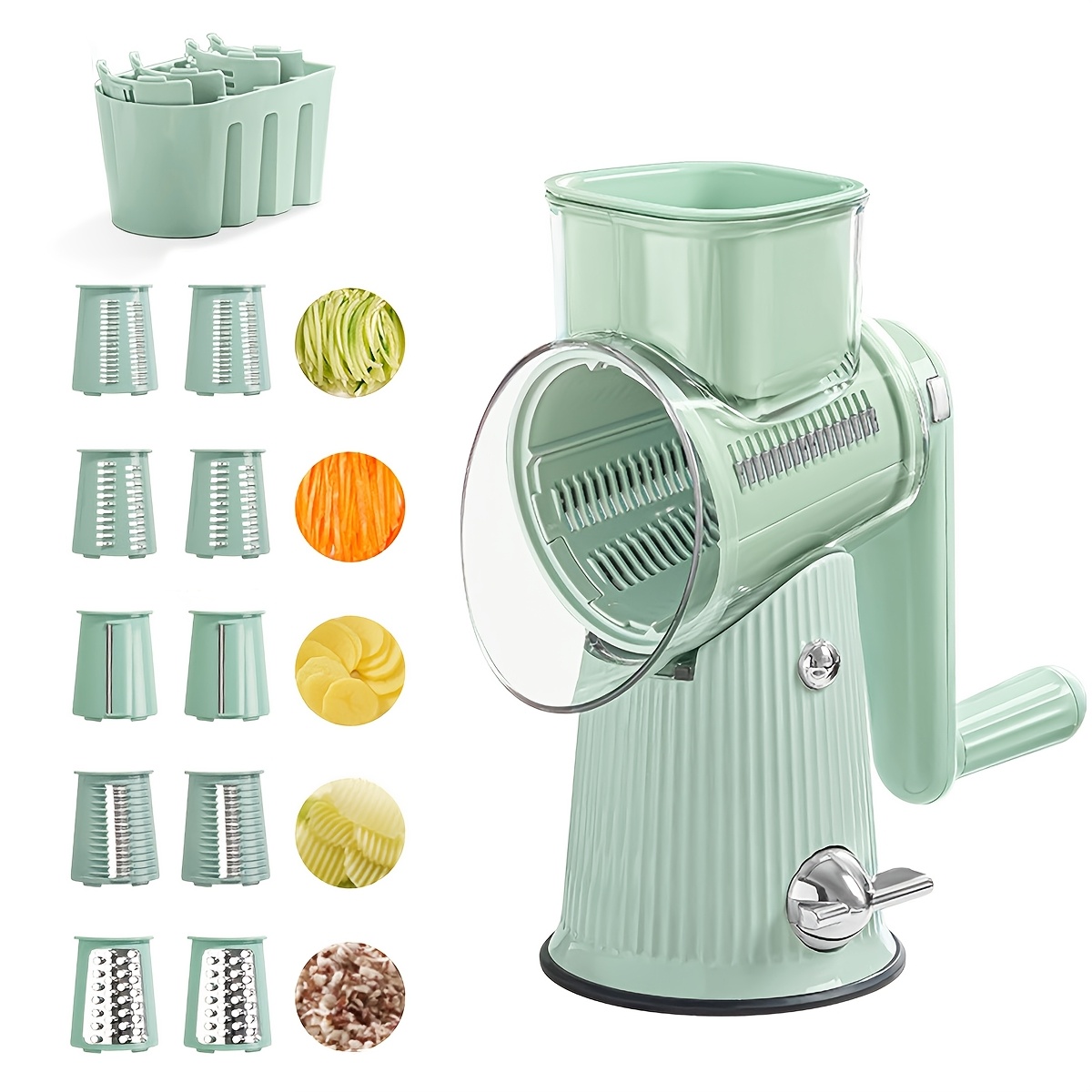 

Rotary Cheese Grater & Vegetable Set With Interchangeable Blades - Easy Clean, Strong Suction Base For Fruits, Veggies, Nuts - Essential Kitchen Gadget, Cheese