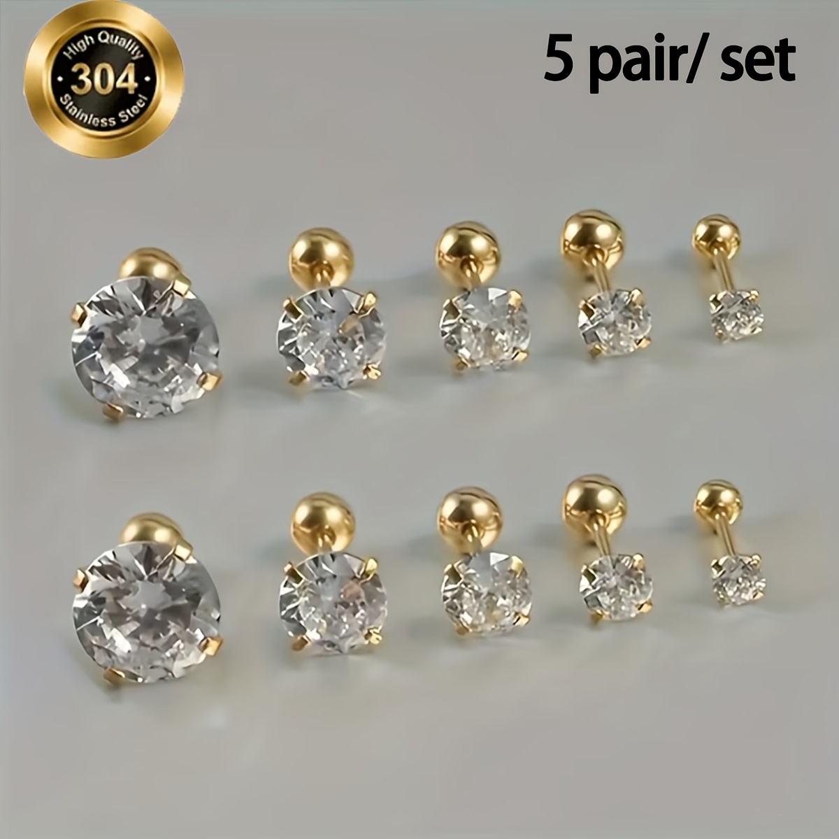 TEMU Juego de 5 de aretes hipoalergénicos de acero inoxidable con redonda de circonita sintética dorada y plateada, para uso diario de mujer