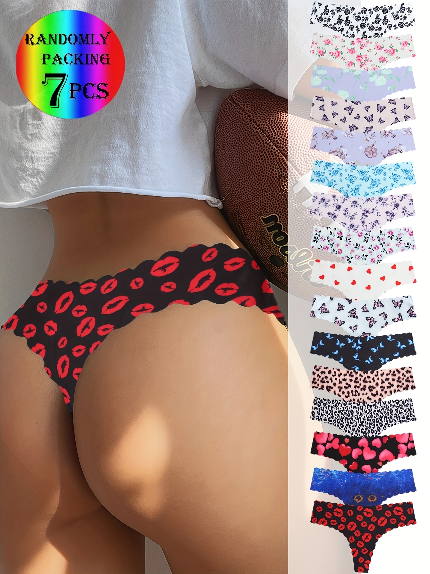 A Random Set of 7 Printed Women'S Seamless Underwear, Featuring Soft And Comfortable Large-Sized Panties Made from, Adorned with Cute Butterfly, Heart, And Red Lip Patterns.