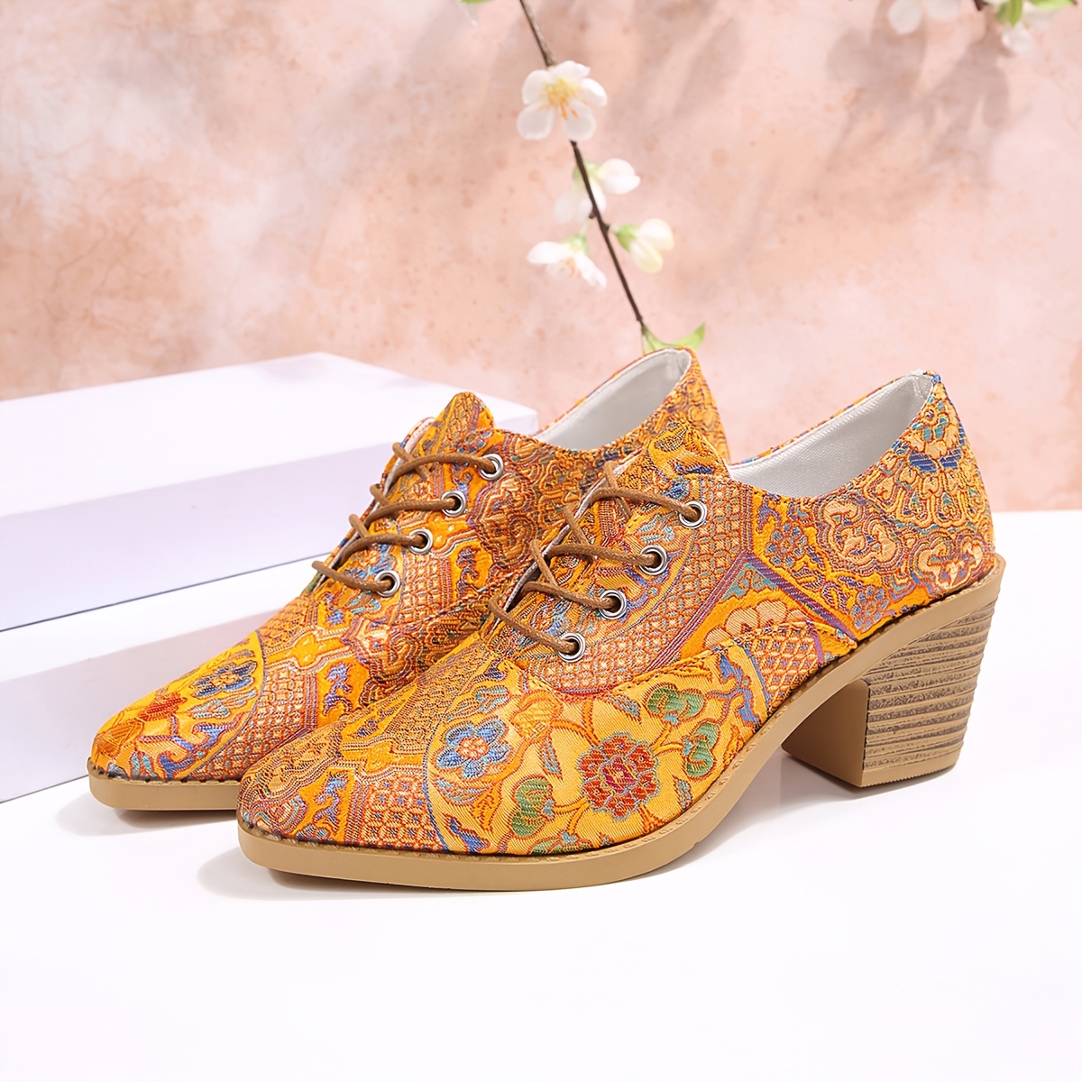 TEMU Spring/autumn Women's Pointed Toe Chunky Heel Flat Shoes, Vintage Ethnic Print Lace- Heels, Comfortable And Versatile Daily Casual Commuter