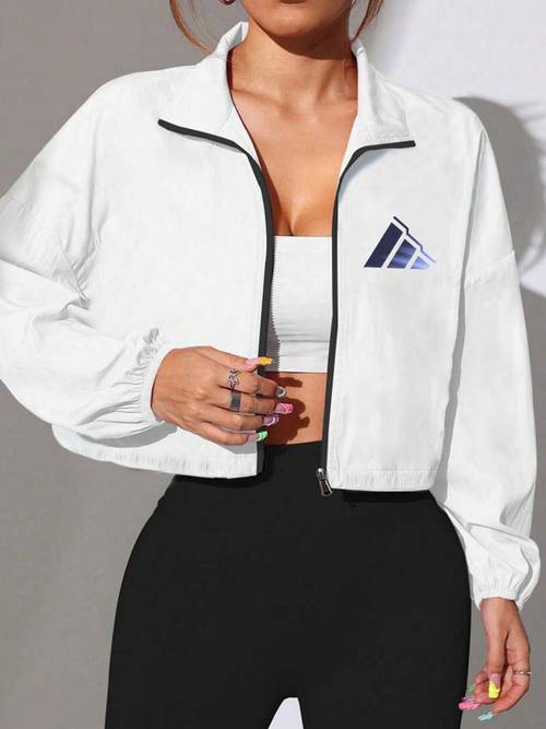 un chaqueta elegante y para mujer, de una sola pieza, con un geométrico degradado , líneas y dinámicas. un cuello casual, cierre de cremallera, largas, material de rápido, resistente al viento y .