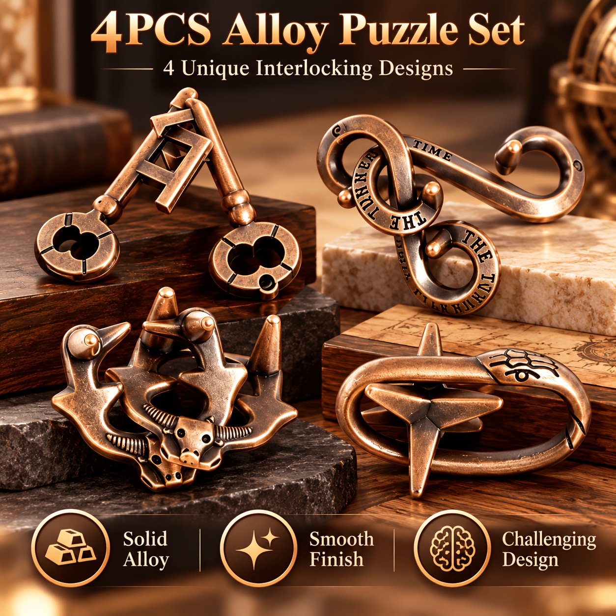 TEMU This Magica 4pcs Set Includes 4 Different Styles Of Alloy Lock Puzzles. Made Of High-quality Solid Alloy, With A Retro Copper Aged Texture And