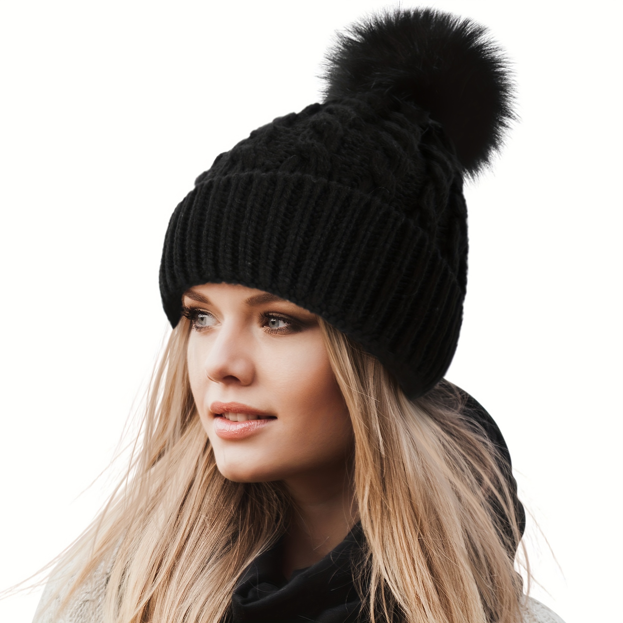 womens winter soft knit beanie hat faux fur pom pom warm - Temu display picture 1