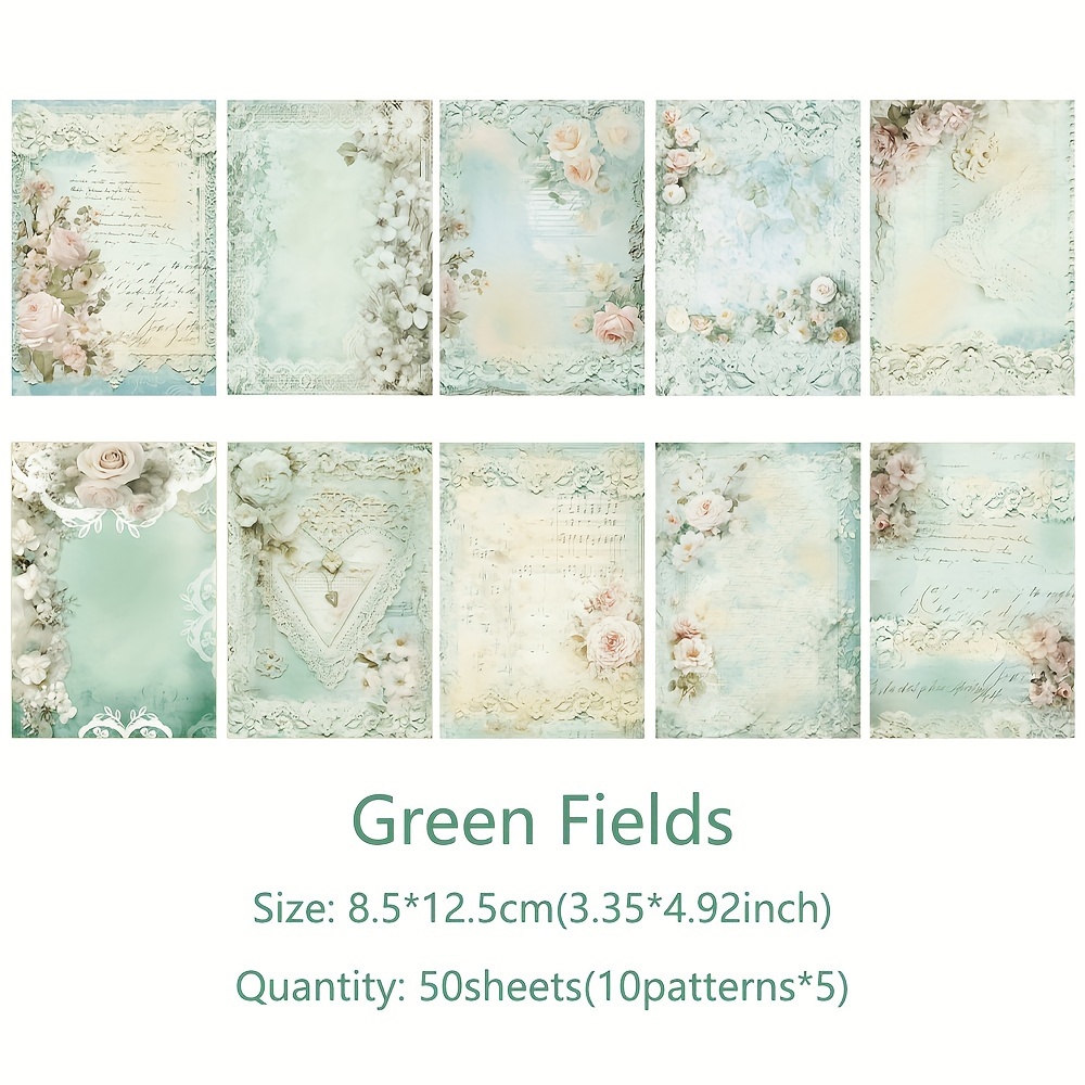 Image of Pack Of 50 Sheets Of Retro- Green Lace Flower Paper, Perfect For Decorative Backgrounds In Notebooks, Planners, And For Art Projects