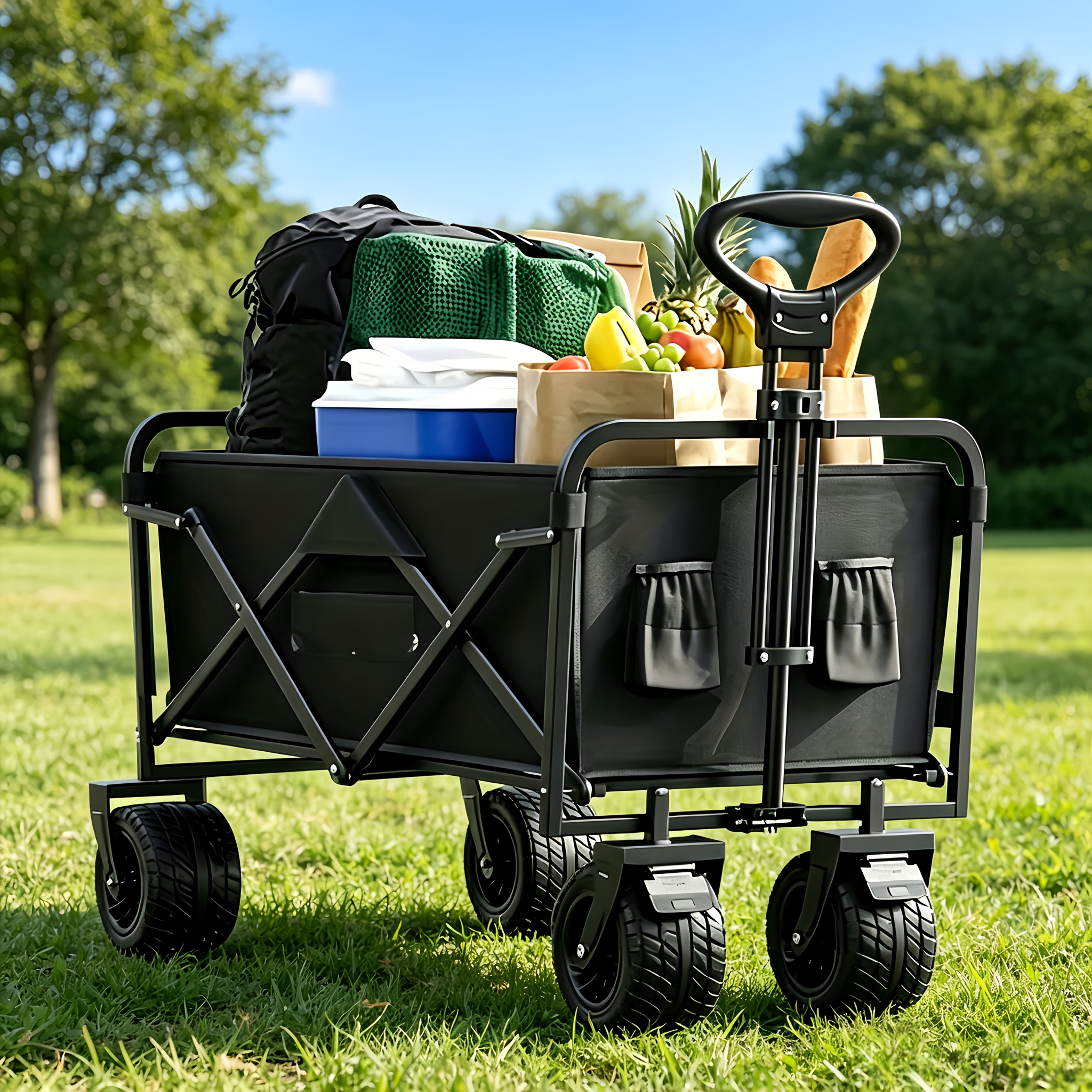 Image of Foldable Handcart 200l 200kg Load Capacity, Foldable Handcart Suitable For Off-road Use With Brakes, Handcart Foldable In , Olive Green/black