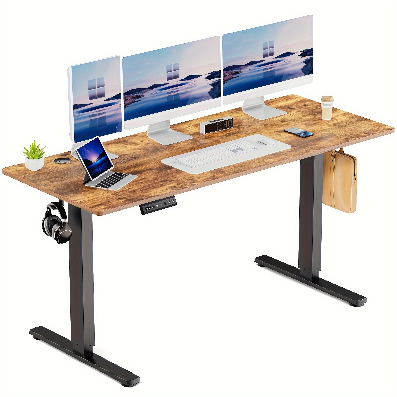 

63 Inch Electric Standing Office Desk Height Adjustable Sit Stand Up Pc Workstation Wood Computer Work Table For Home Bedroom Gaming Room Small Spaces