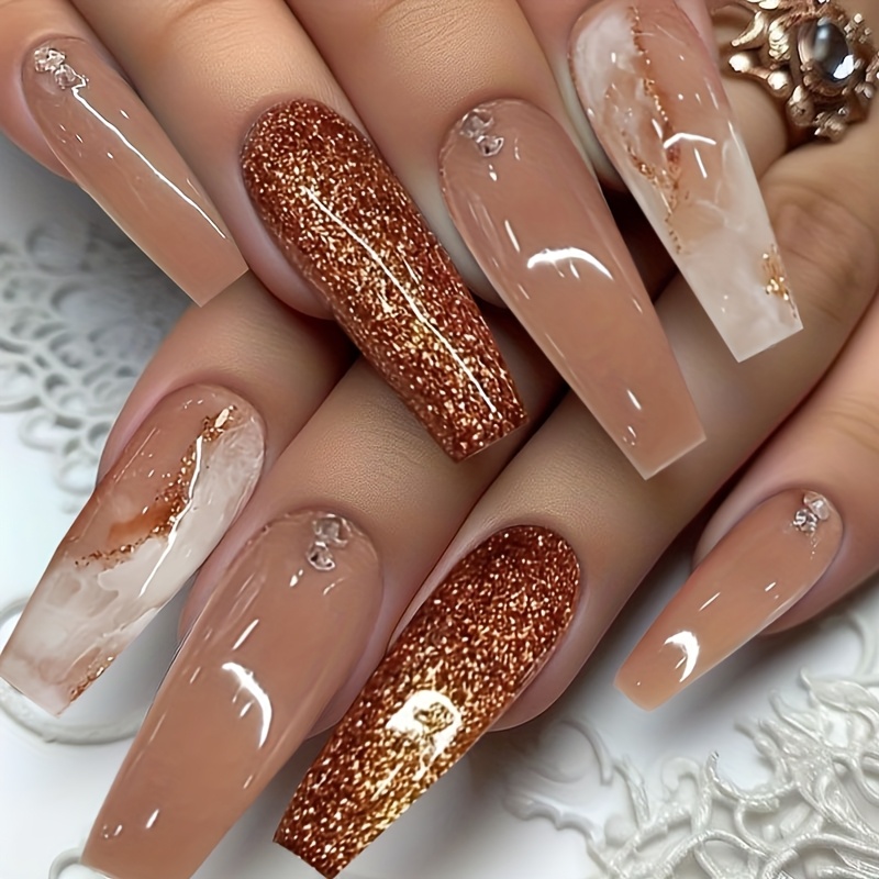 Nude Gold Marble Rhinestones Press on nails