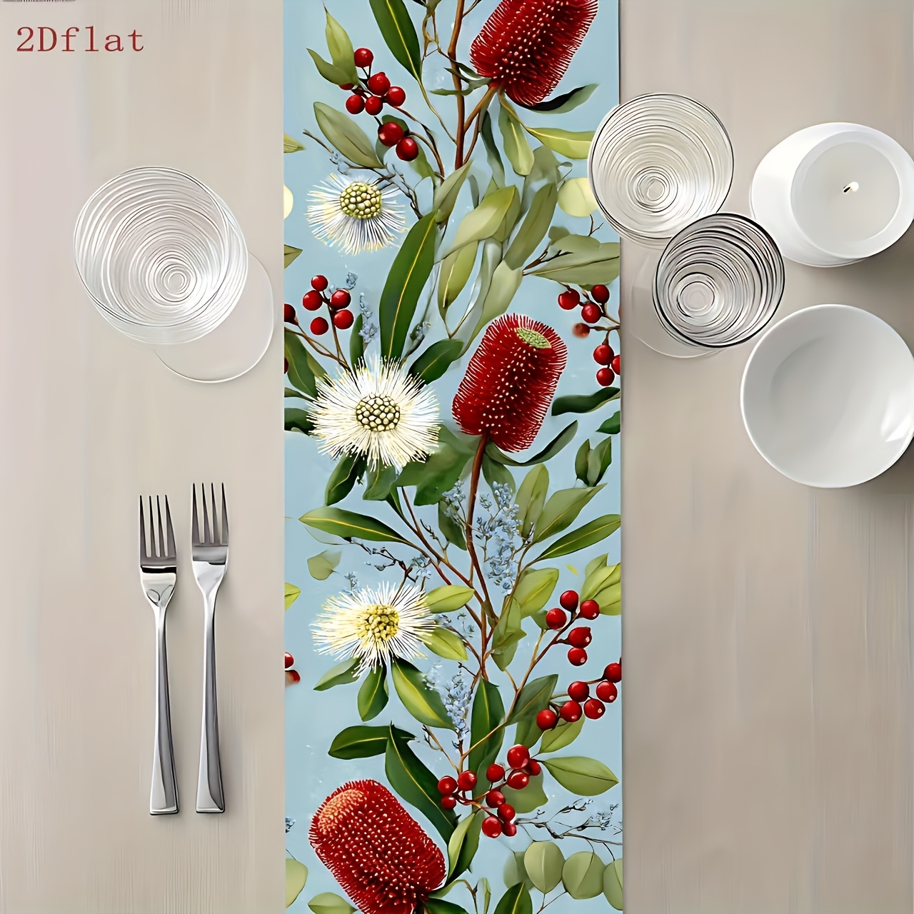 TEMU 1pc Australian Floral Table Runner 2dflat- Red Flower Ball, Greenery - Vintage Restaurant Decor - Easy To Clean - Suitable For Kitchen, Living