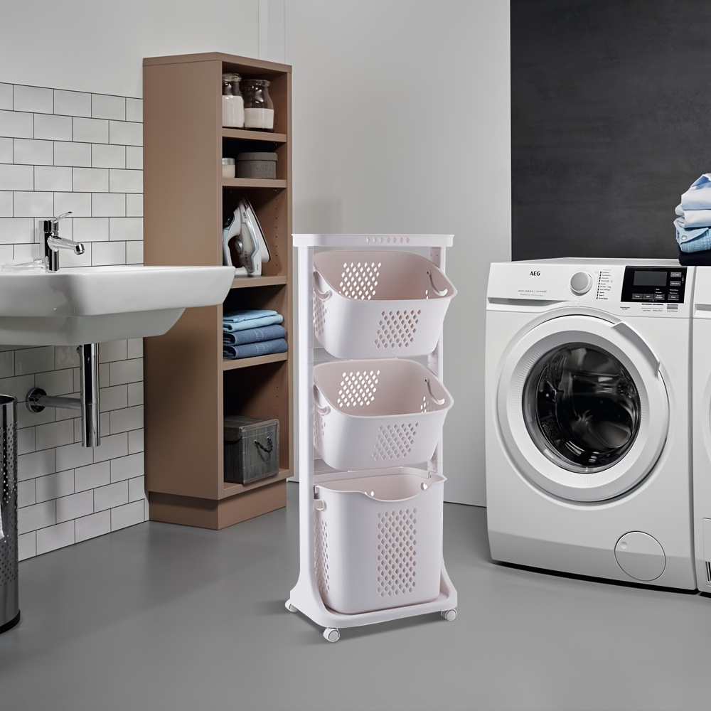 

1pc Triple Laundry Hamper With Wheels Large Capacity Kitchen, Bathroom, Bedroom, Dormitory, Classroom, Laundry Room, Office For Storing Clothes, Office Supplies, Cosmetics And Bath Products