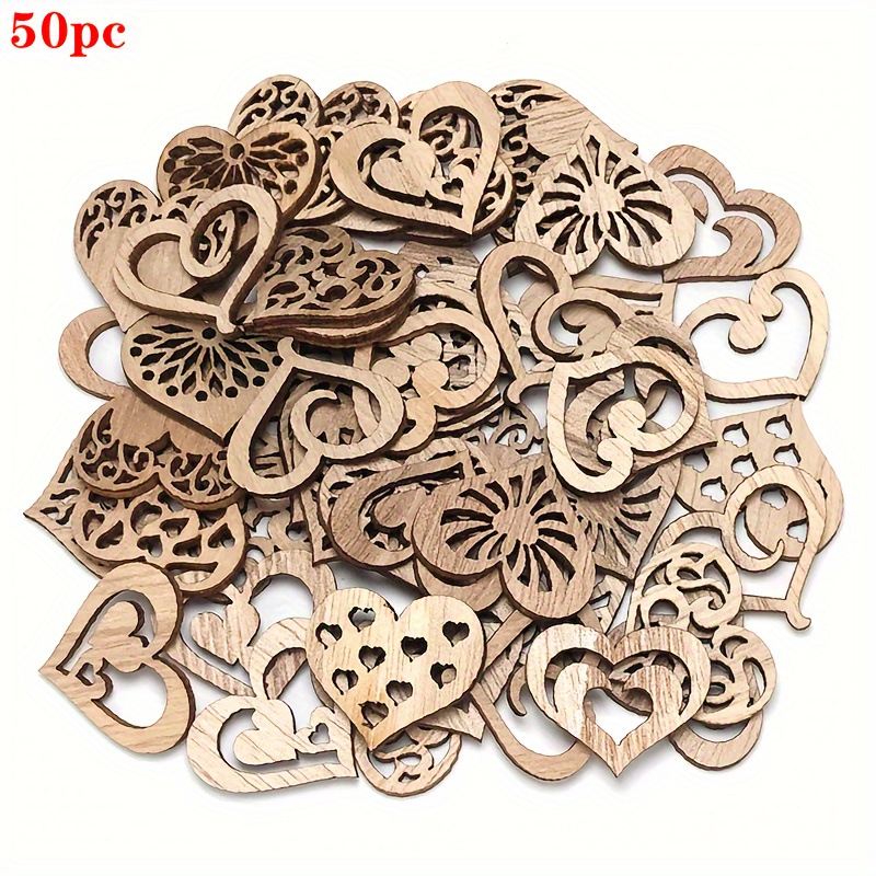 Image of 50pcs Assorted Heart-shaped Wood Pieces Hollow Jewelry Home Decor Wedding Party Decoration Birthday Valentine's Day Gift Decor Wooden Crafts