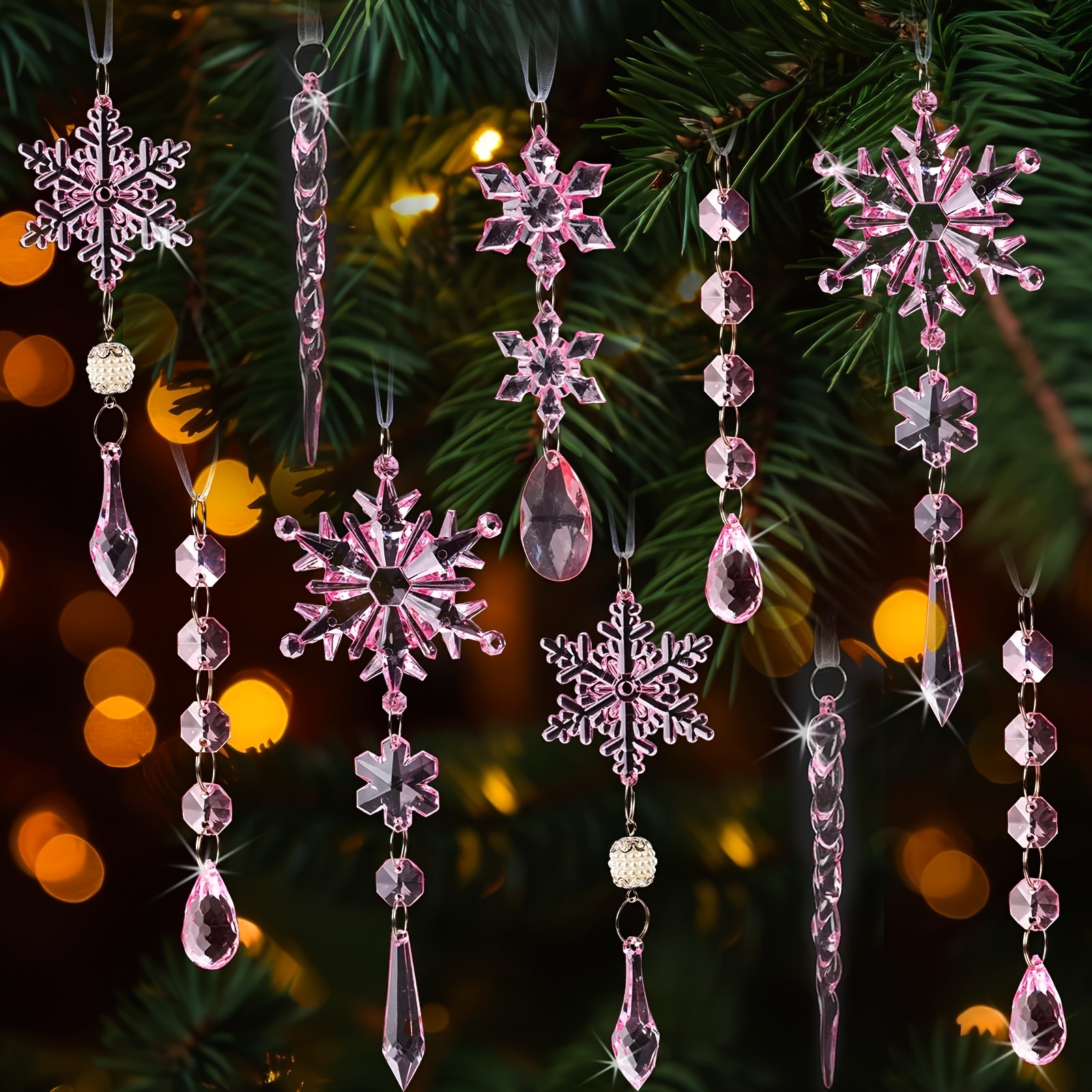 

18pcs Crystal Christmas Ornaments Set - Acrylic Snowflakes & With Hanging Pendants For Tree Decoration, Holiday Parties