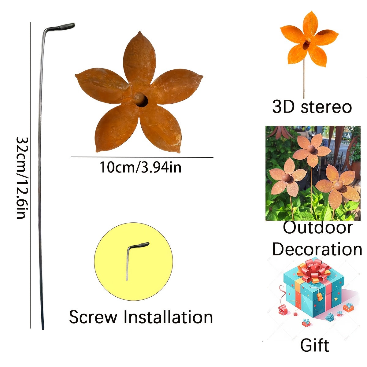 TEMU 【3d】 1pc 3d Stereoscopic Small Daisy Rusty Metal Stake, Weathering Steel Floral Courtyard Decoration, Outdoor Lawn Patio Ornament, Handmade