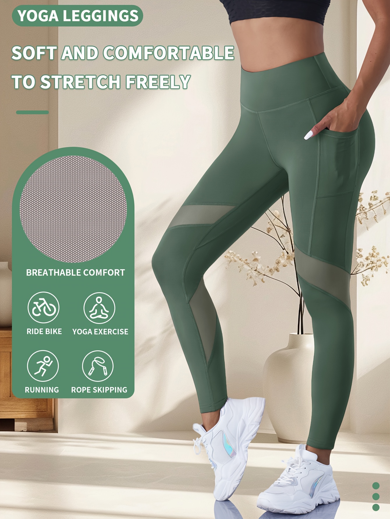 Yoga Tights with Abdominal Reduction and Contrast Color Mesh Fitness Gym Tights with Side Phone Pockets Yoga Leggings