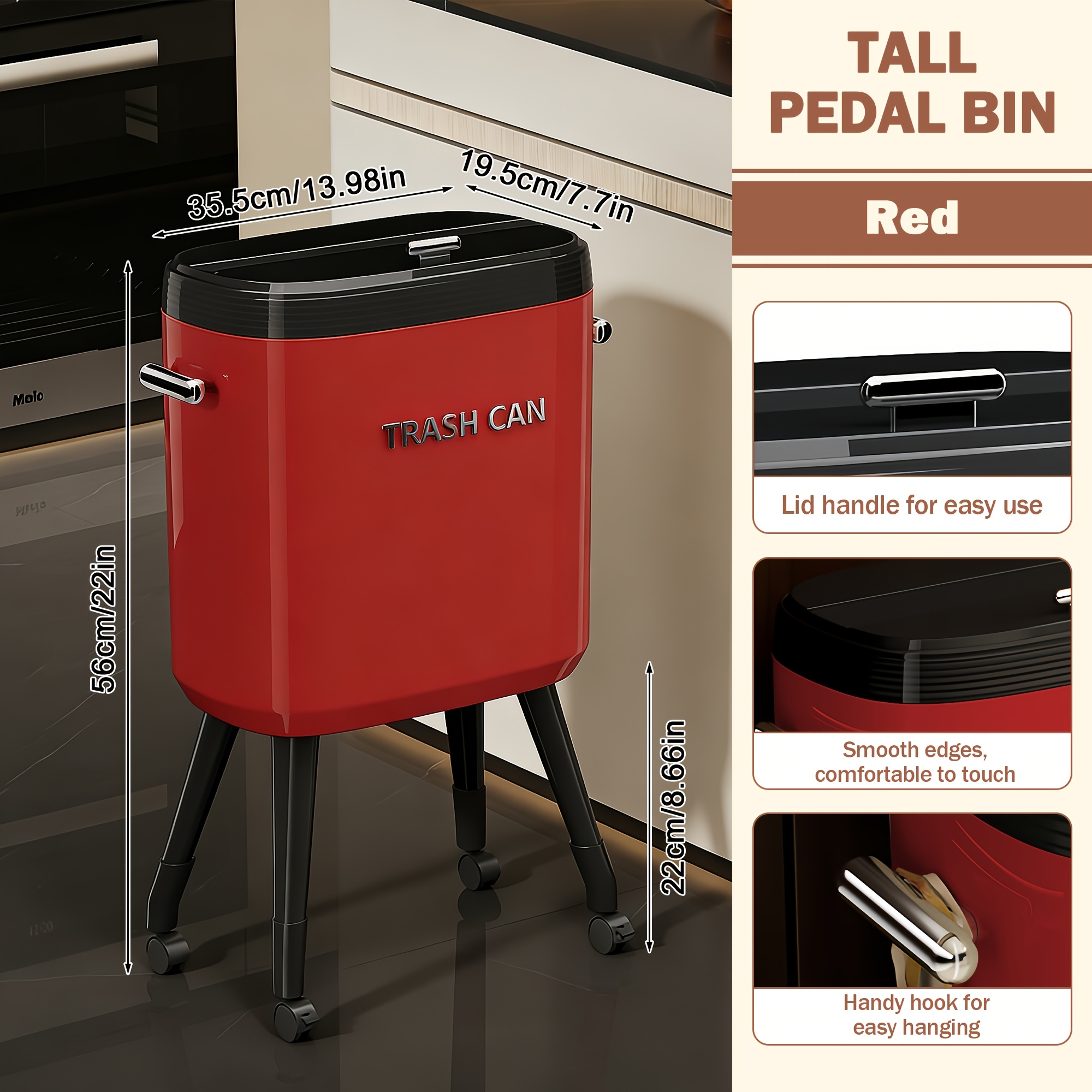 TEMU Heightened Rolling Trash Can With Wheels, Detachable Inner Bucket, Large-capacity Silent Waste Bin For Kitchen And Home