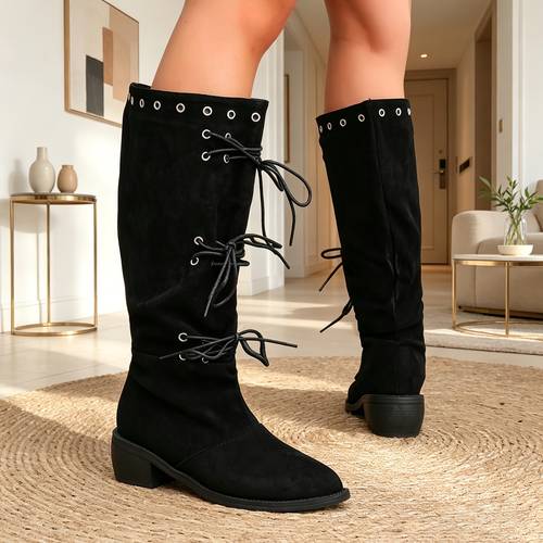 retro western style high top stacked boots womens back strap long boots chunky heel over the knee knight boots versatile womens boots women shoes