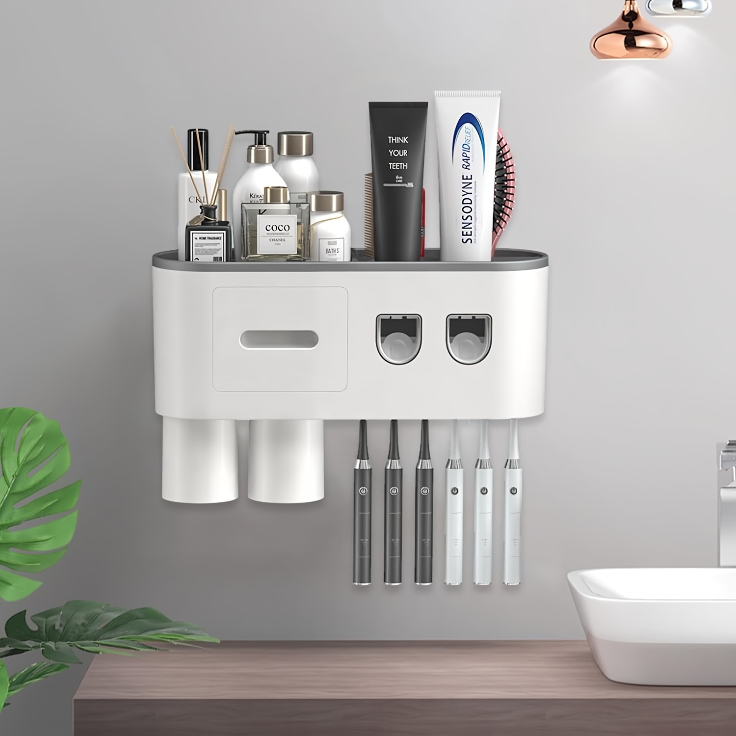 

Toothbrush Holder Wall Mounted With Double Automatic Toothpaste Dispenser Squeezer Kit, 2cups (grey 2 Toothpaste Dispensers, 2 Cups)