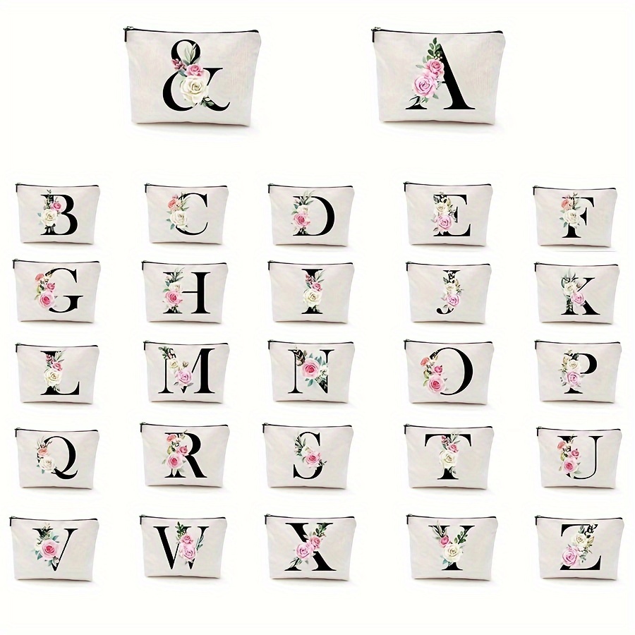 

Floral Letter Print Cosmetic Bag, Portable Zipper Storage Bag, Wedding Bridal Party Clutch Bag Gift For Women's Day