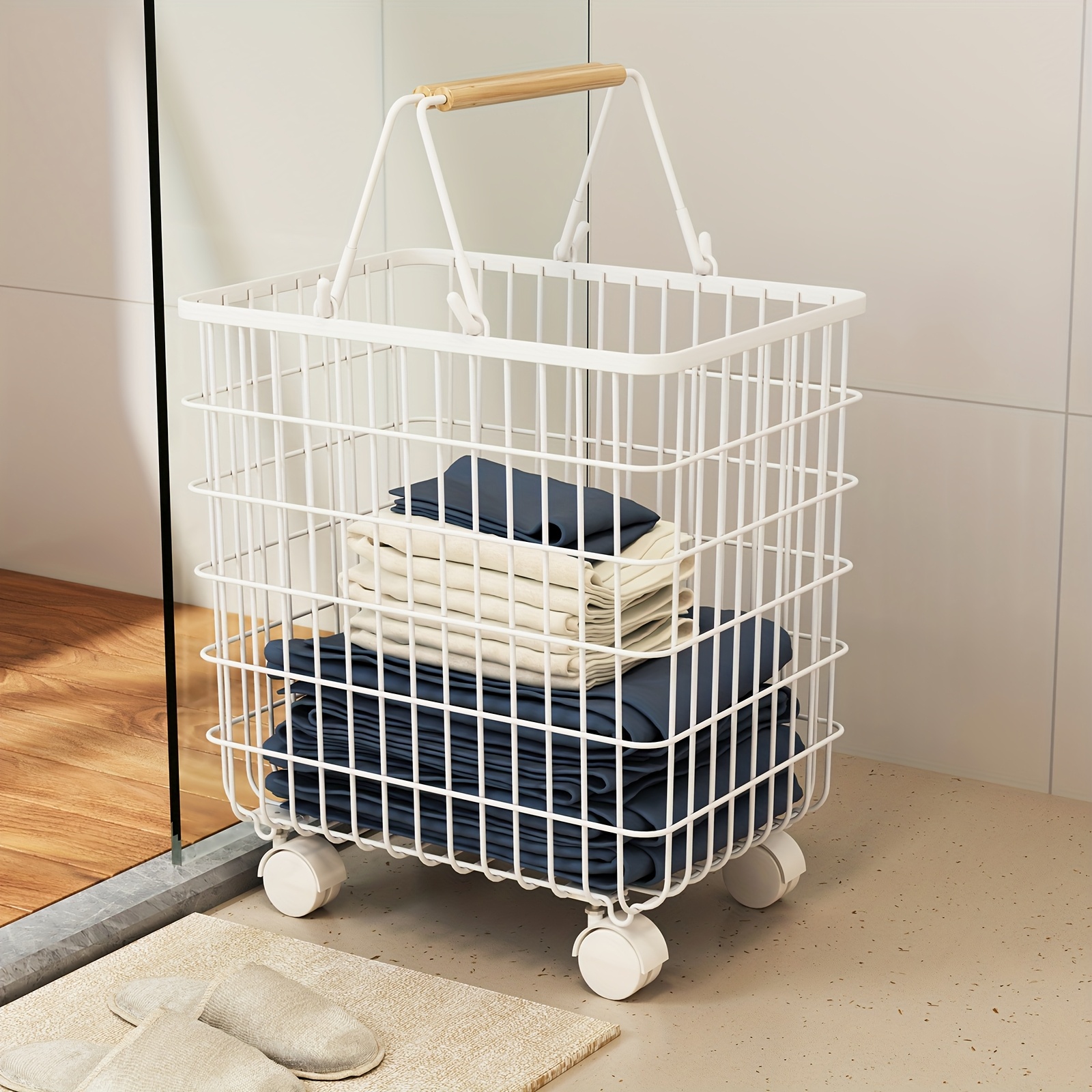 Chariot Panier à Linge Mobile 2-en-1 Avec 2 étagères - Bambou - Noir - Neuf