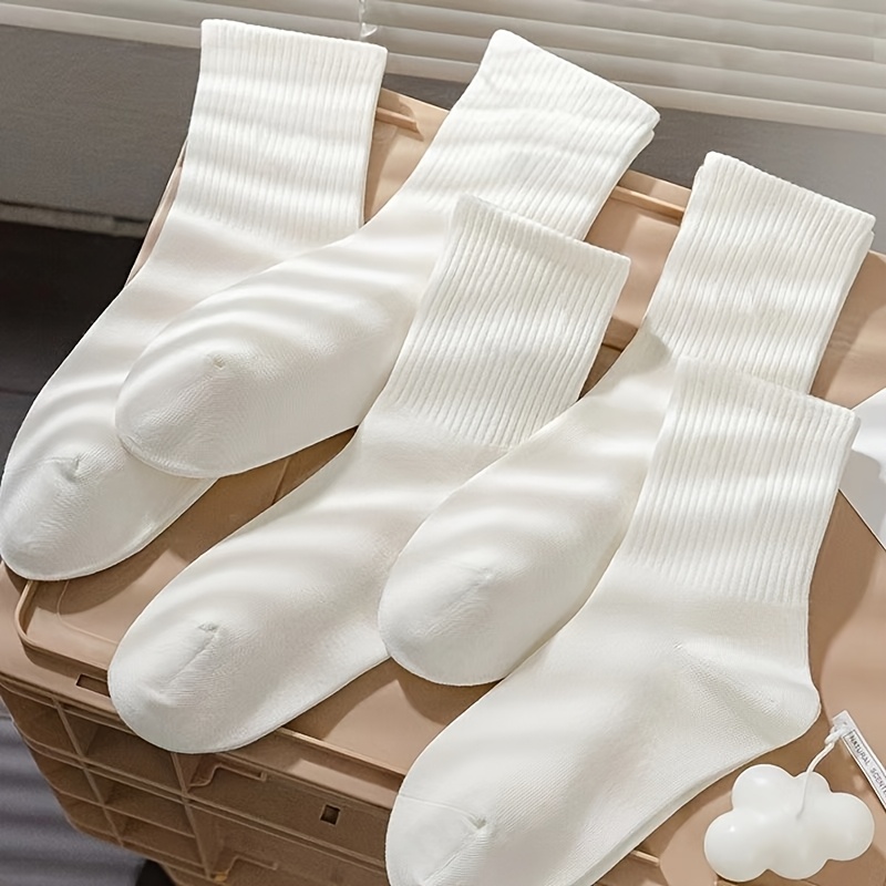 TEMU 5 Pairs Fashion Comfortable Trendy White Socks Mid-calf Socks Spring Summer Ins Solid Color Japanese Versatile Couple Sports Breathable Mid-calf