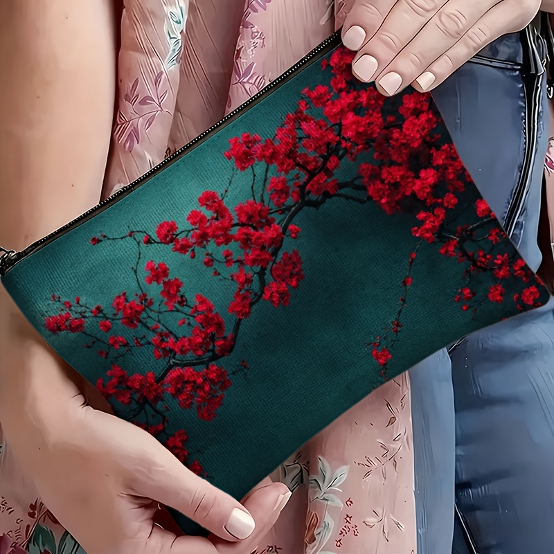 TEMU Borsa per trucco bifacciale 1 pz, elegante e motivo a fiori di rossi, facile da pulire, contenitore multifunzionale, per trucco /portaoggetti da