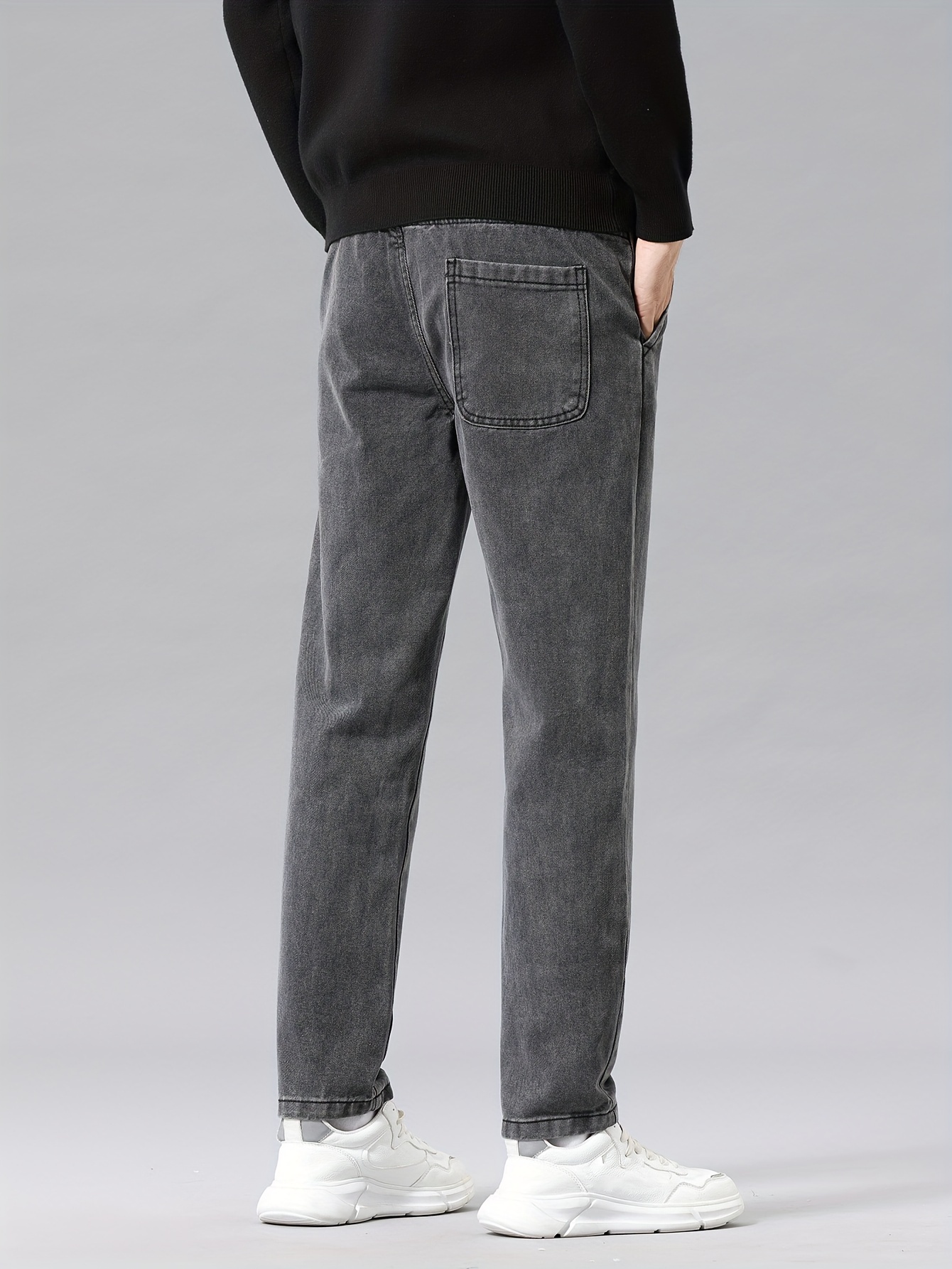 1pc Men'S Casual Washed Denim Jeans, Mid Waist Drawstring Waist, Non-Stretch Solid Color, Straight Leg, Regular Fit, Woven Fabric, Weekend Casual Style, Spring/Fall Season, 9/10 Length Pants