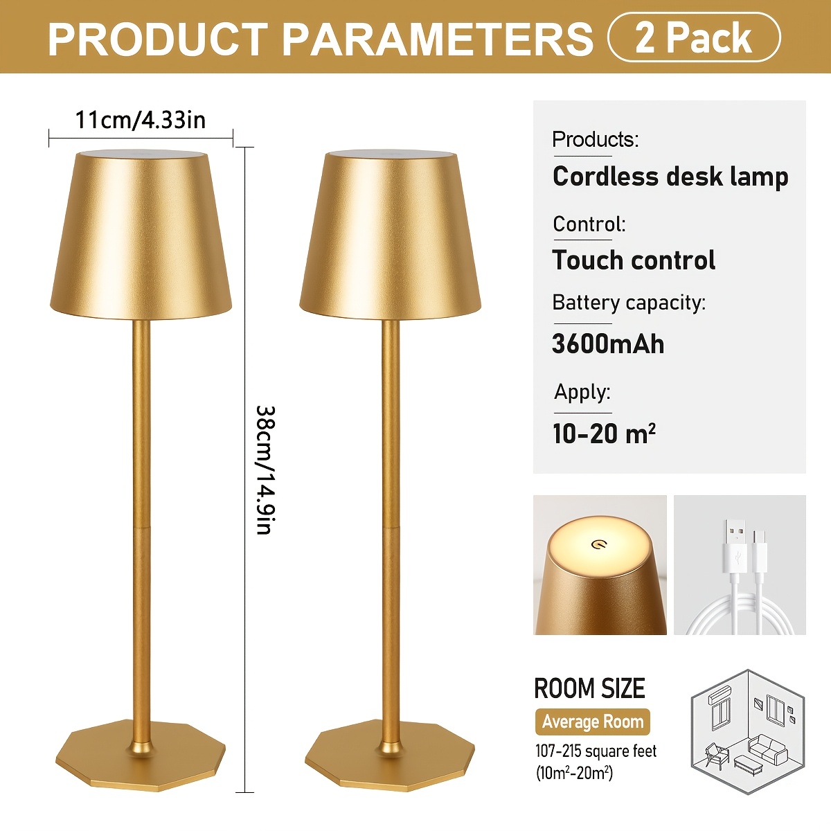 TEMU Lámpara de escritorio con carga inalámbrica, paquete de 2, control táctil, 3 temperaturas de color, atenuación , luz LED portátil inalámbrica,