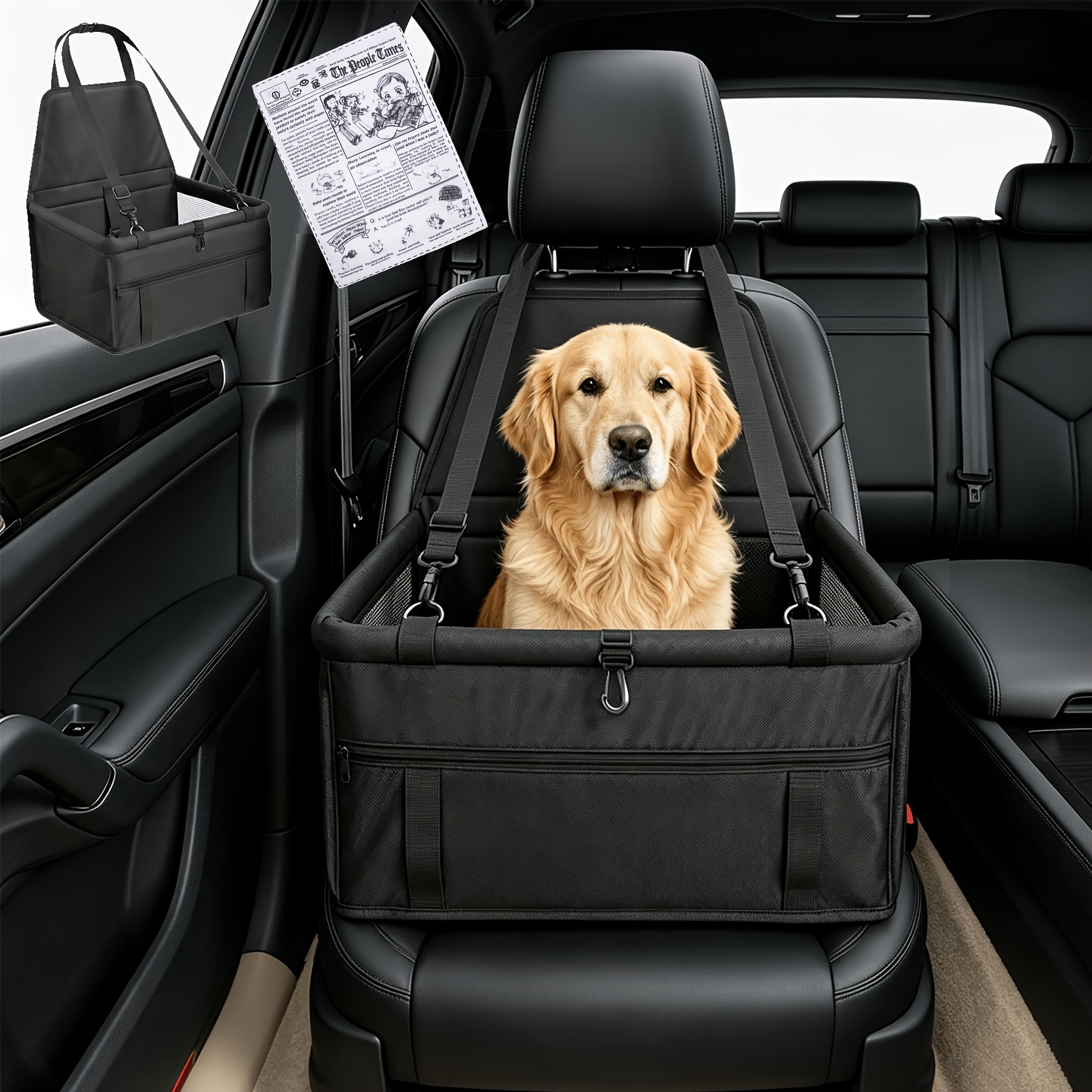 TEMU 2pcs Dog Car Seat Set | Includes Pet Seat And Newspaper Toy | Durable Fabric With Adjustable Straps | Car Accessory For Medium And Small Dogs On