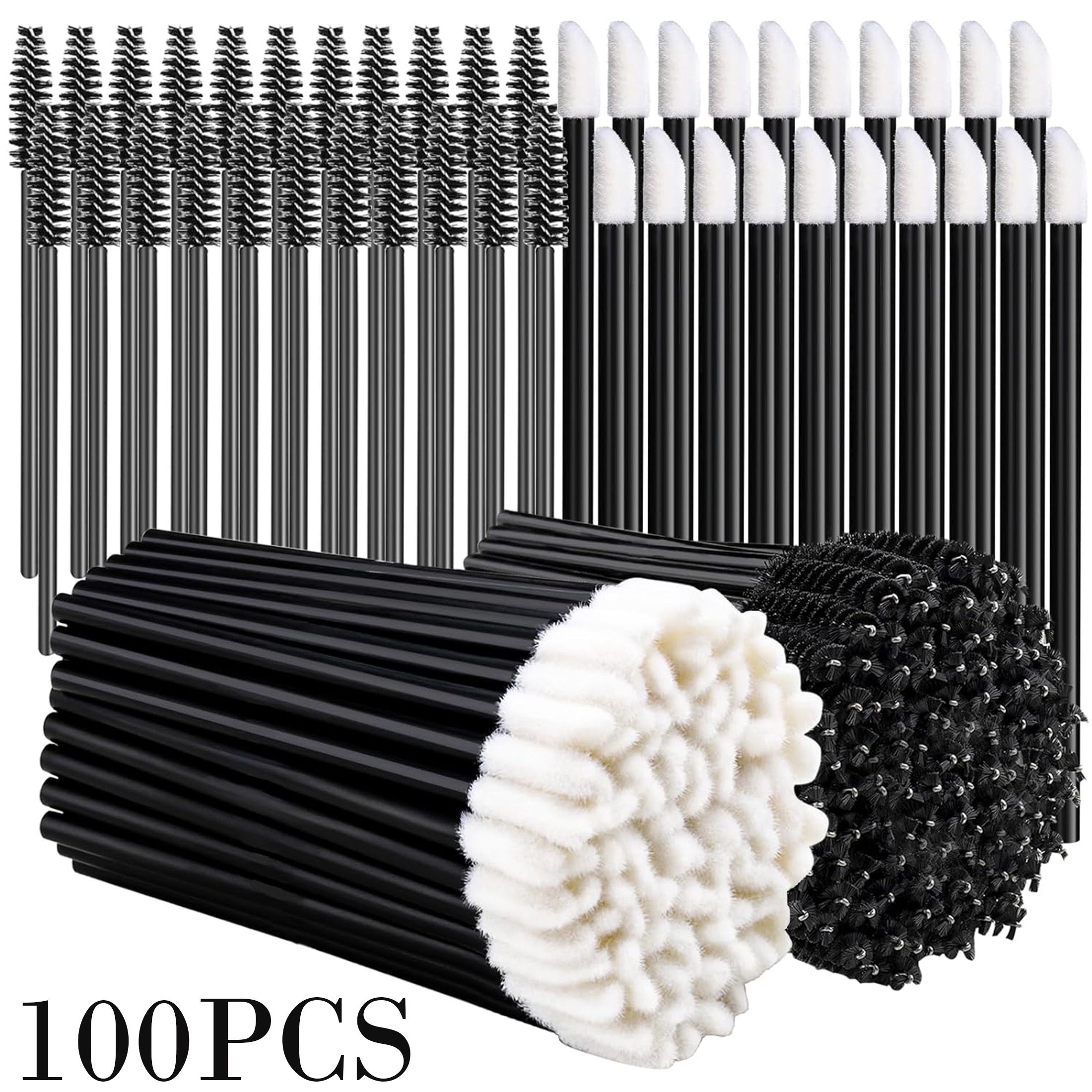 TEMU 100pcs Disposable Mascara Wands Set With Lip Gloss Applicators, Nylon Bristle Brushes For Normal Skin, Unscented Palm Brush With Abs Plastic Rods