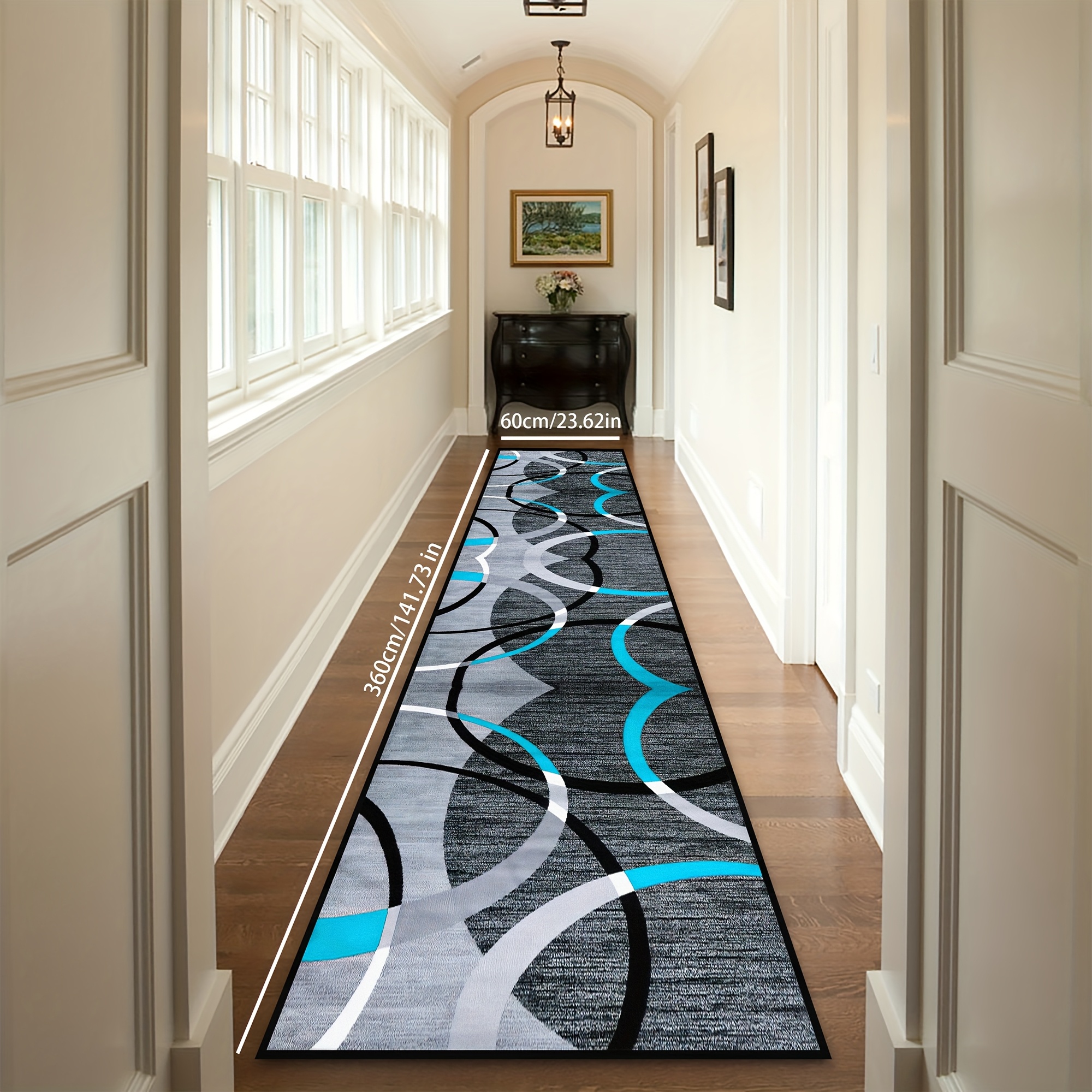 Image of 1pc Modern Geometric Long Carpet For Living Room And Hallway, Balcony Entrance Mat, Machine Washable Bedside Rug For Bedroom