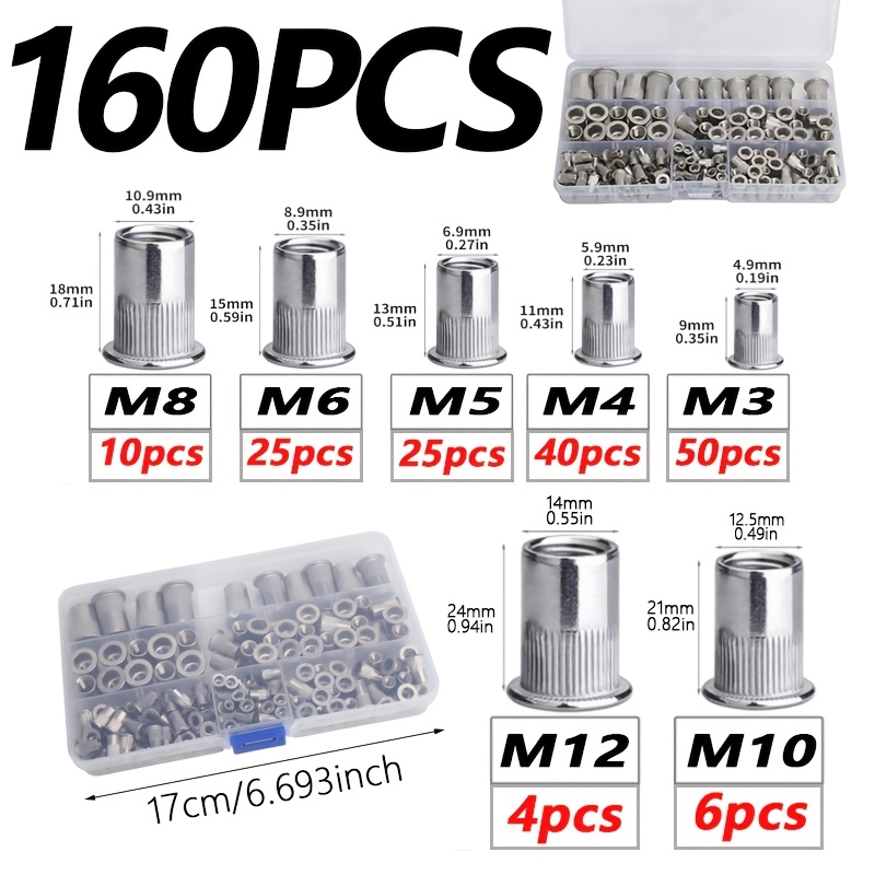 TEMU 160pcs Rivet Nut Kit, Metric Rivet Nut Assortment M8/m6/m5/m4/m3, Suitable For Furniture, Decoration, Automotive, Marine, And Industrial