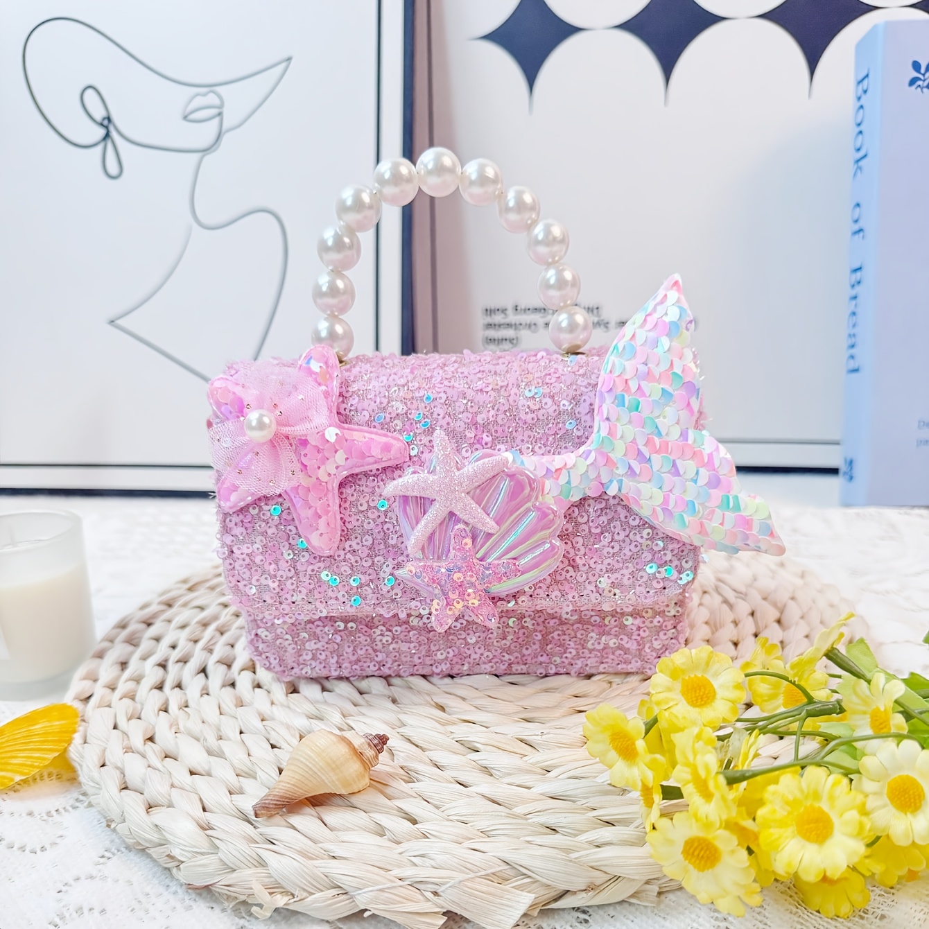 TEMU 1pc Mini ' Fabric Pearl Handbag, Cute Magnetic Closure, Large Fishtail Patch, Sequined Surface, Adjustable Shoulder Strap Single Shoulder Bag,