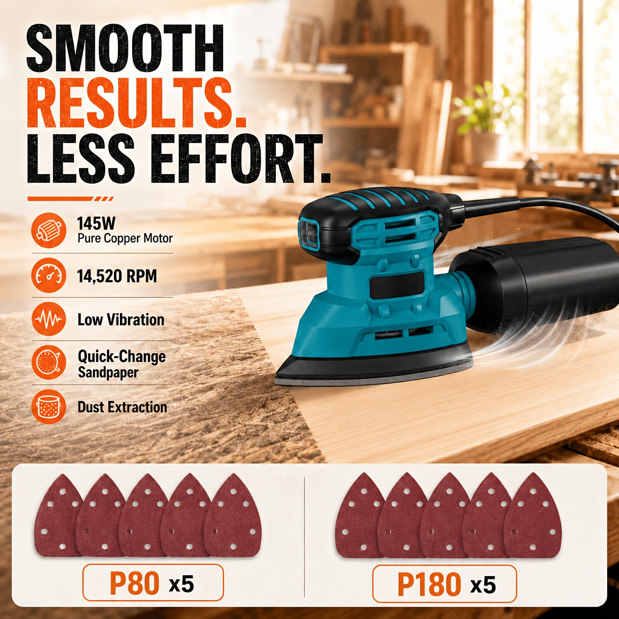 Image of 145w Mouse Sander With , 14, 520rpm Low-vibration, 0.85kg Lightweight, Sandpaper & Dust Extraction, 10 Sheets Included