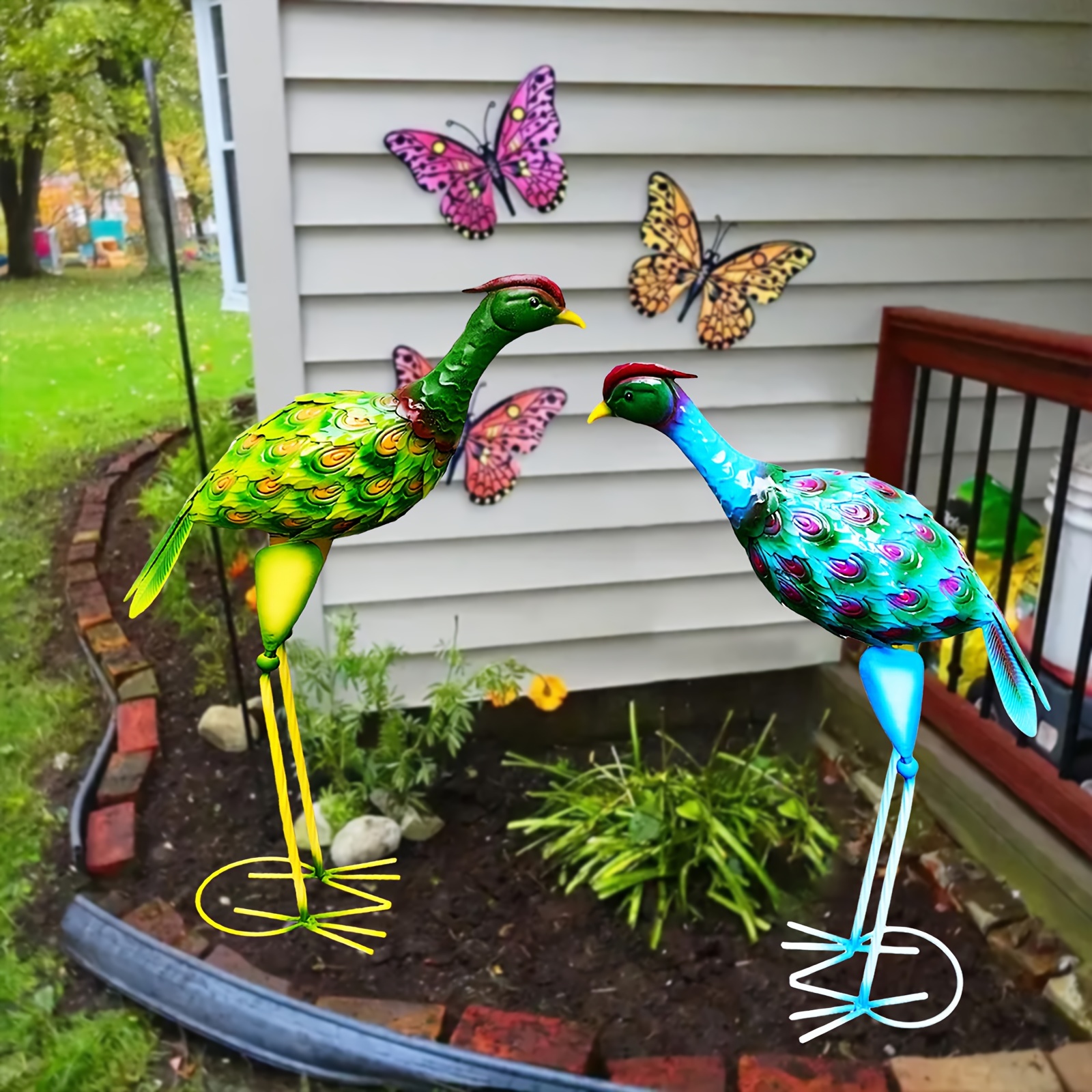 庭の装飾用アールデコメタル孔雀像 - 大きなカラフルな屋外鳥彫刻、家、庭、パティオ、芝生、結婚式の装飾用 - 電気不要の動物テーマメタルアートギフト