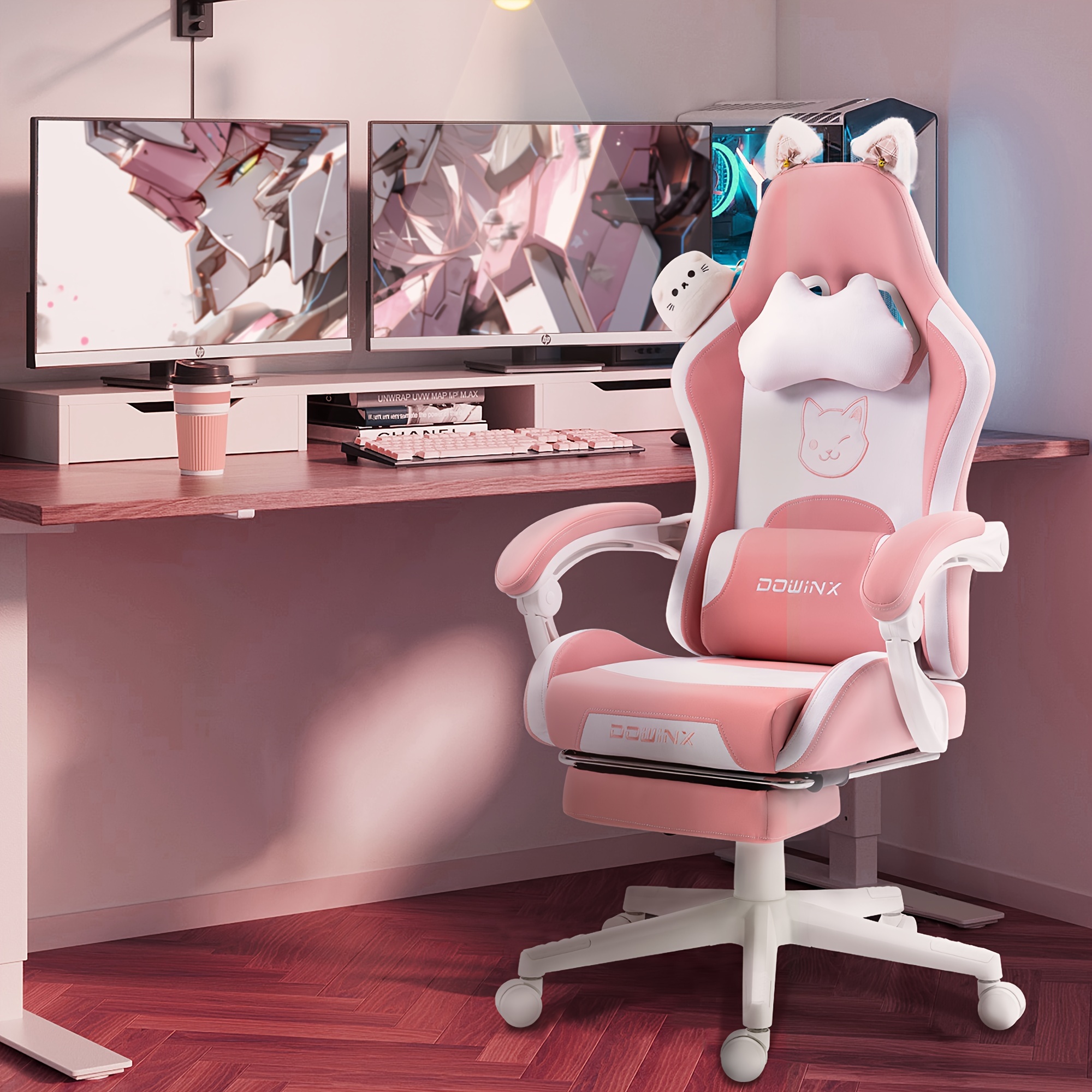 

Dowinx Gaming Chair Cute With Cat Ears And Massage Lumbar Support, Ergonomic Computer Chair For Girl With Footrest And Headrest, Comfortable Reclining Game Chair 290lbs For Adult, Teen, Pink