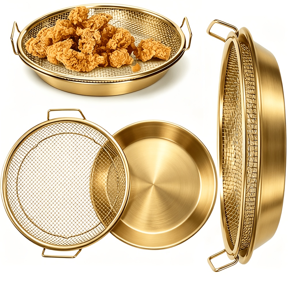 TEMU Nouveau ensemble d'égouttoir à huile de friture robuste en acier inoxydable plaqué or, portion individuelle, panier à rondes empilables avec