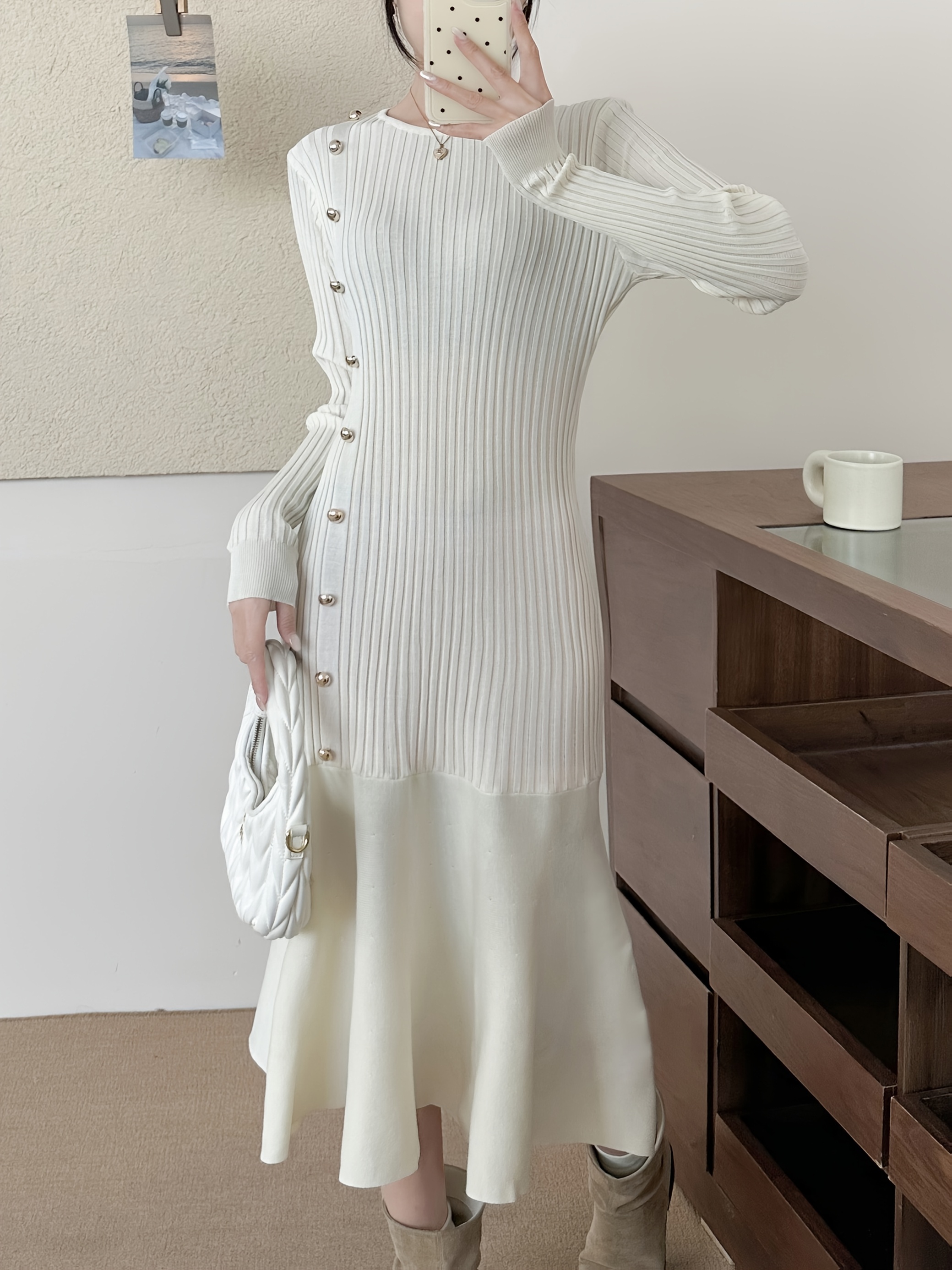 brown long sleeve sweater dress Cocoa Long Sleeve Pointelle Sweater Mini Dress main image 0