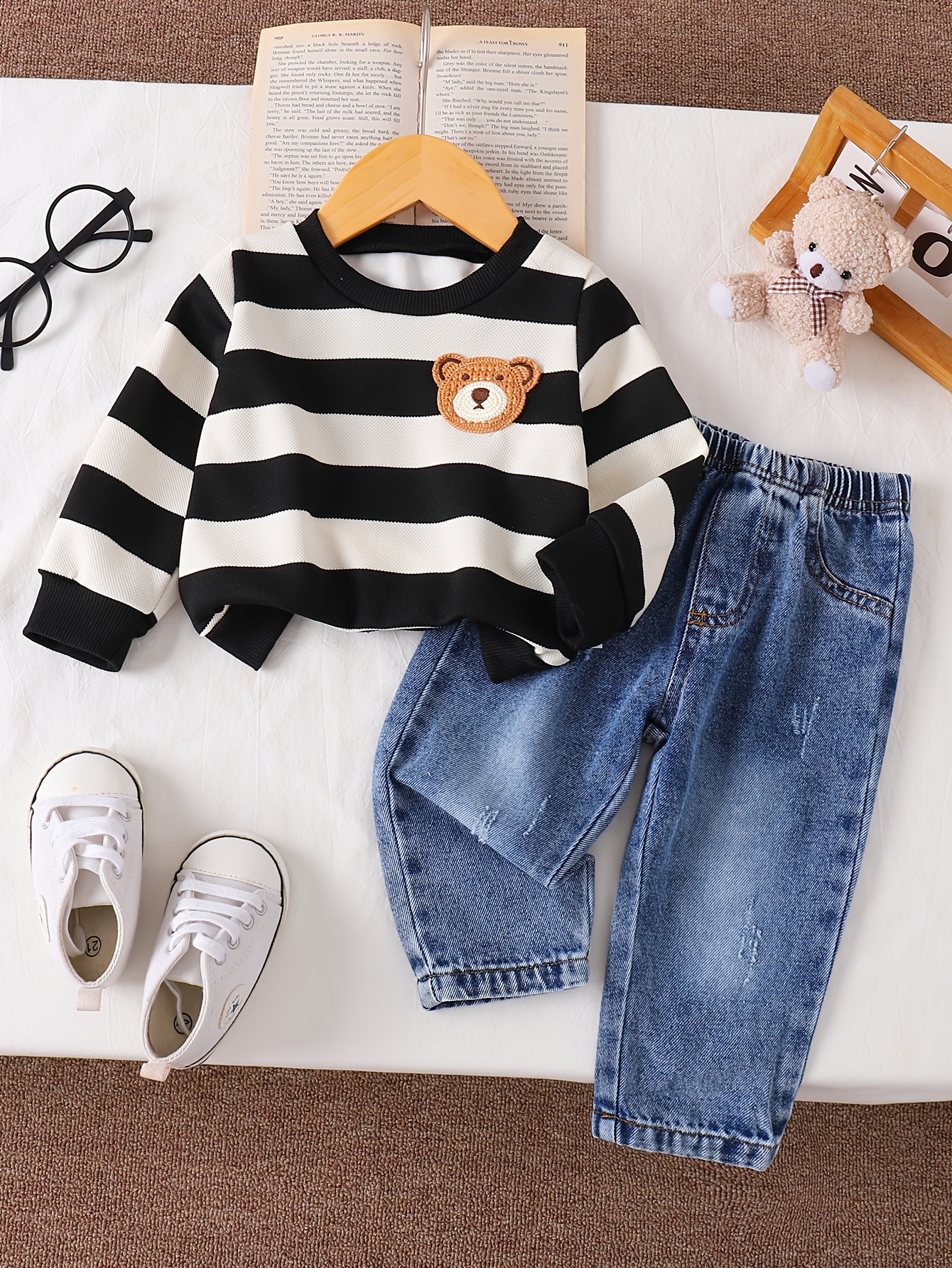 2pcs denim set with striped long sleeves cute 3d bear patch for adorable charm warm and comfortable soft light beige friendly fabric elastic waistband for easy on off   outdoor Product details 0