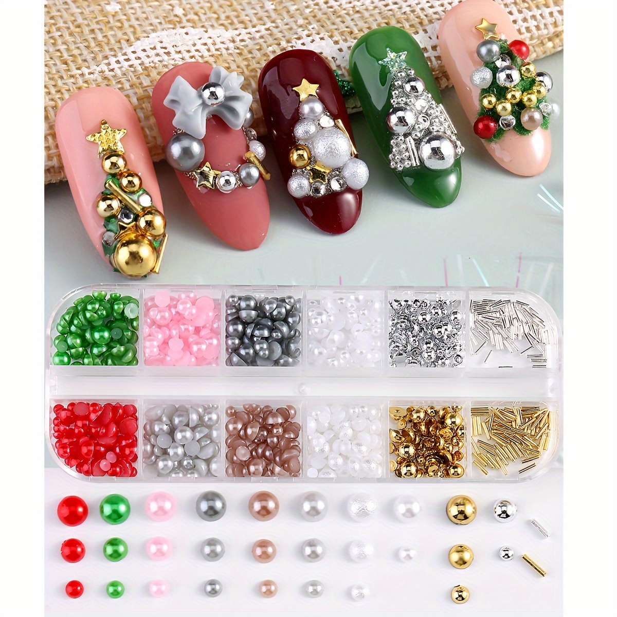 

Elegant Nail Art Kit: 6/12 Grids Of Golden, Silvery & Pearl Beads - Red & Green Flatback Charms For Diy Manicure, Christmas & , Nail Charms