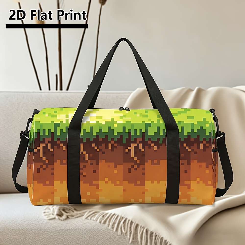 TEMU Portable Retro Pixelated Grass Block Duffel Bag Suitable For Travel, Gym & Outdoor - Sports Bag With, Hand/dry , For Weekend Trips, Gym & Daily