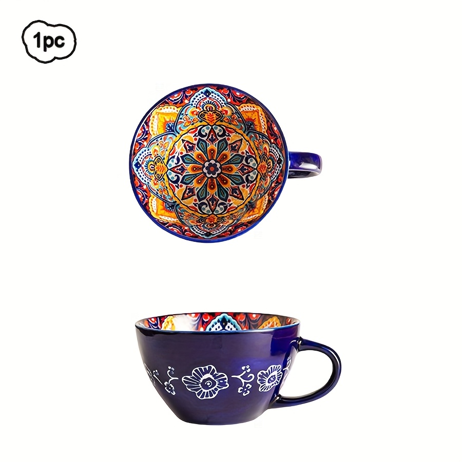 Image of 1pc 450ml/15oz Bohemian Ceramic Coffee Mug, Boho Style Underglaze Ceramic Breakfast Cup Multicolor Porcelain Cup For , Hot Tea, Cappuccino, , Soup, Halloween Thanksgiving Christmas Gift
