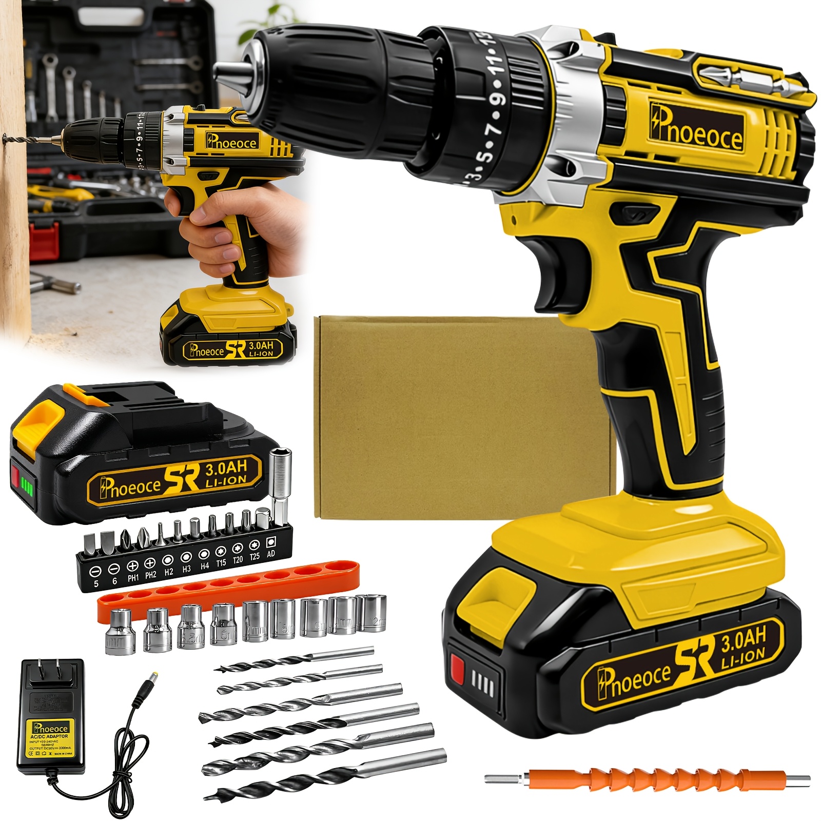 TEMU 20v Cordless Impact Drill Set, 3/8" Keyless , 25+3 Clutch 2-variable Speed, 3000mah Battery With Fast Charger, Complete Hand Tools/pliers/bits