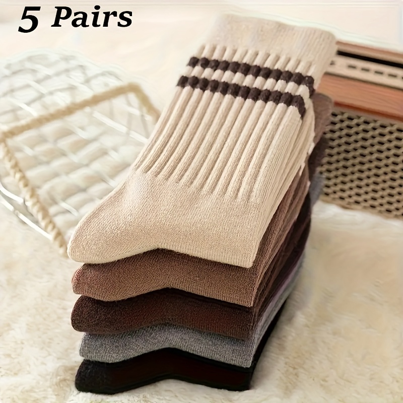 TEMU 5-pack Women's Striped Mid-calf Socks, Autumn-winter Long Socks, Sports Socks, Sports Socks, Winter Socks, Classic Pattern, Stylish Socks, Soft