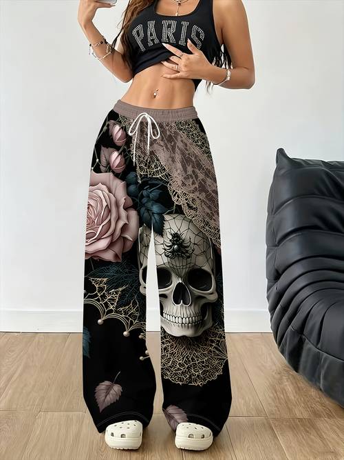 womens dark gothic style wide leg casual trousers elastic waistband with drawstring halloween straight leg loose fit trousers pocket detail skull web print sweatpants suitable for daily wear and vacation outfits