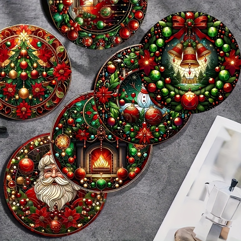 

Set Of 6 Wooden Christmas Coasters - Heat Resistant, Non-slip, Decorative Table Mats For Home, Office, And Parties, 10cm Diameter