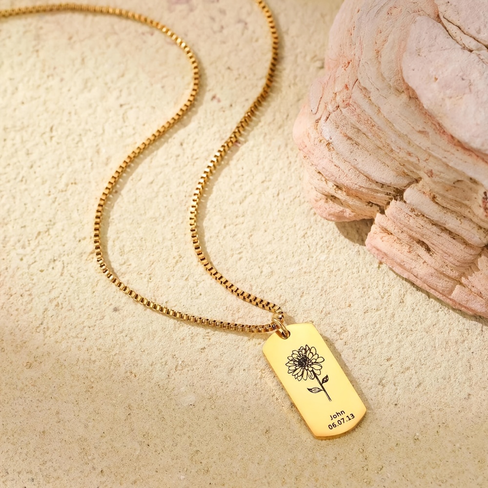 Personalized Name Engraved Birth Flower Necklace, Custom Gift