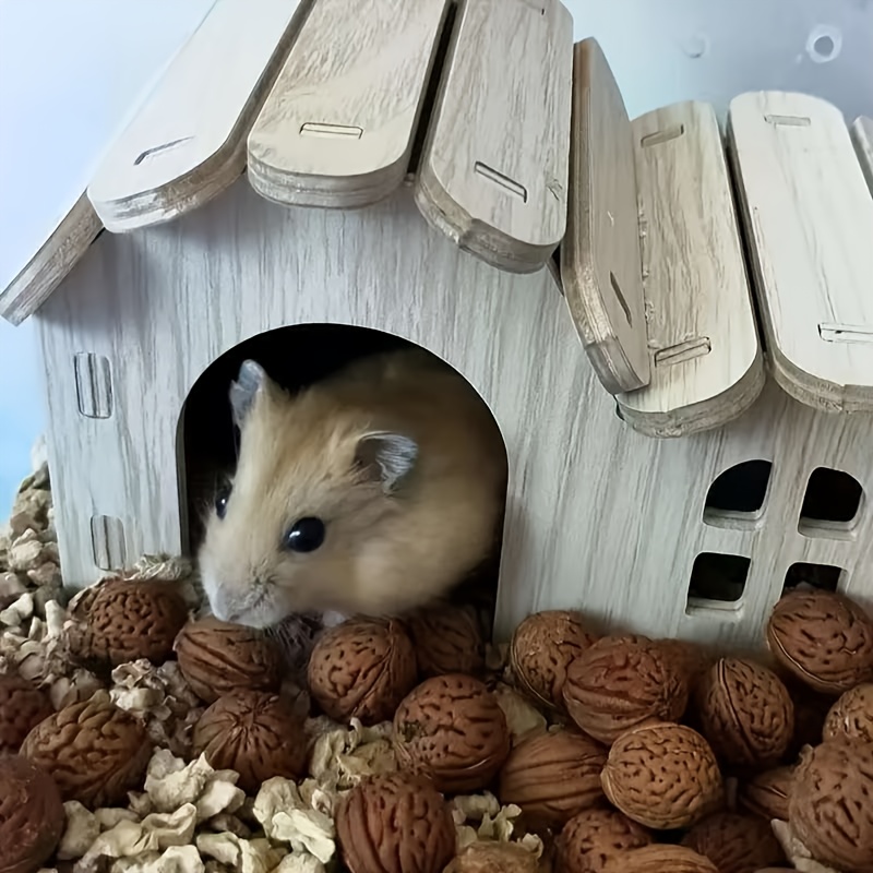 Image of Hamster Wooden Small House Supplies Hiding House Double Roof Nest Small Cage Decoration