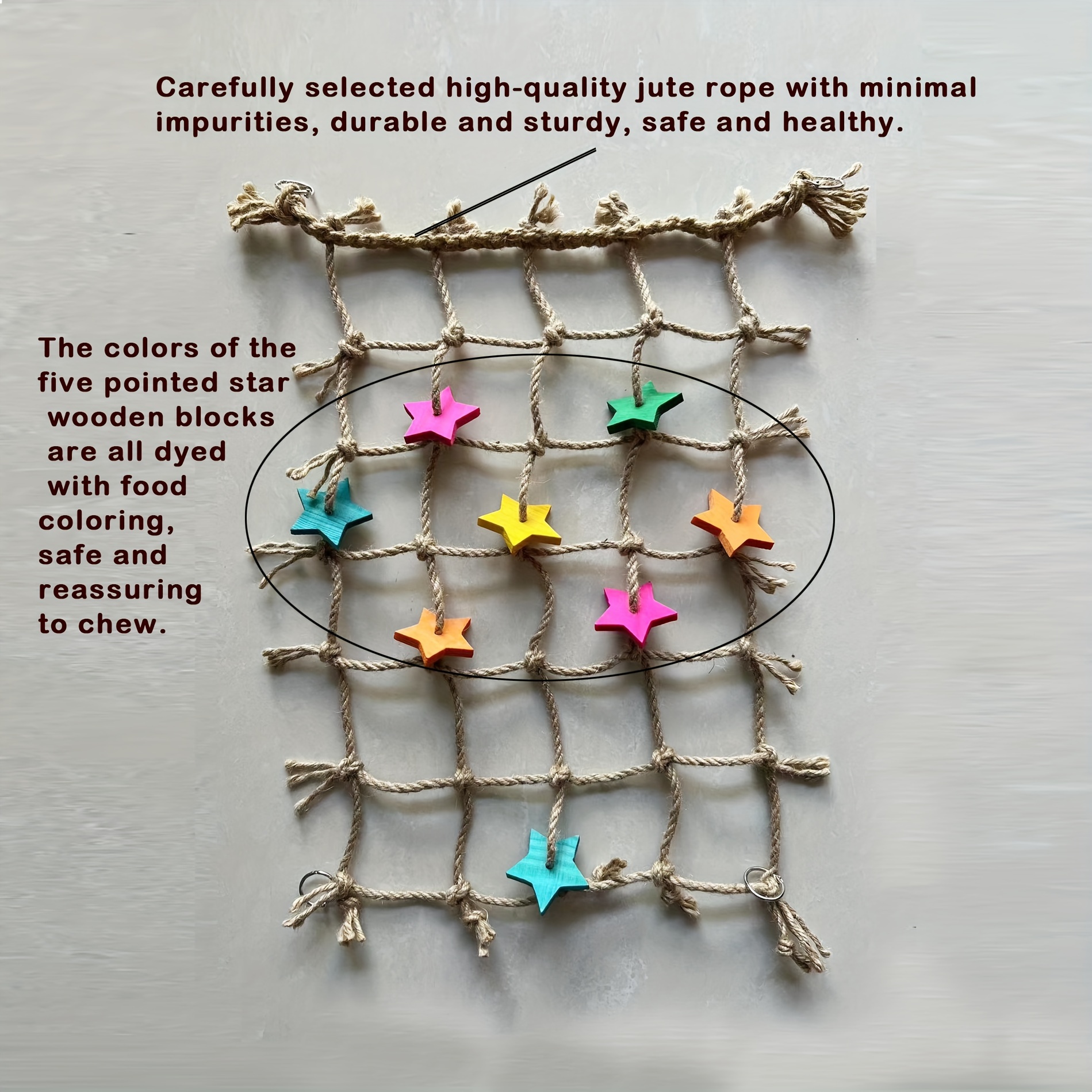 Durable Multi-Functional Hemp Rope 1pc Bird Climbing Net - with Colorful Star Cutouts and Chewing Toys for Climbing, Perching, and Foraging - Ideal for Squirrels, Honey Gliders, Parrot Play Gym, Cage Accessory and Bird Toy