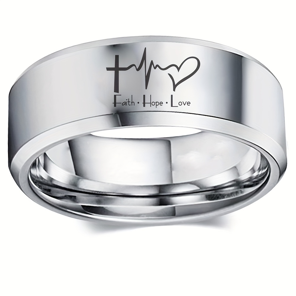 Image of 1pc Faith Love Engraved Cross Ecg 8mm Stainless Steel Ring For , Unisex Daily Wear Anniversary Valentine's Gift, Durable Metal Jewelry, Party Accessory, , Quality